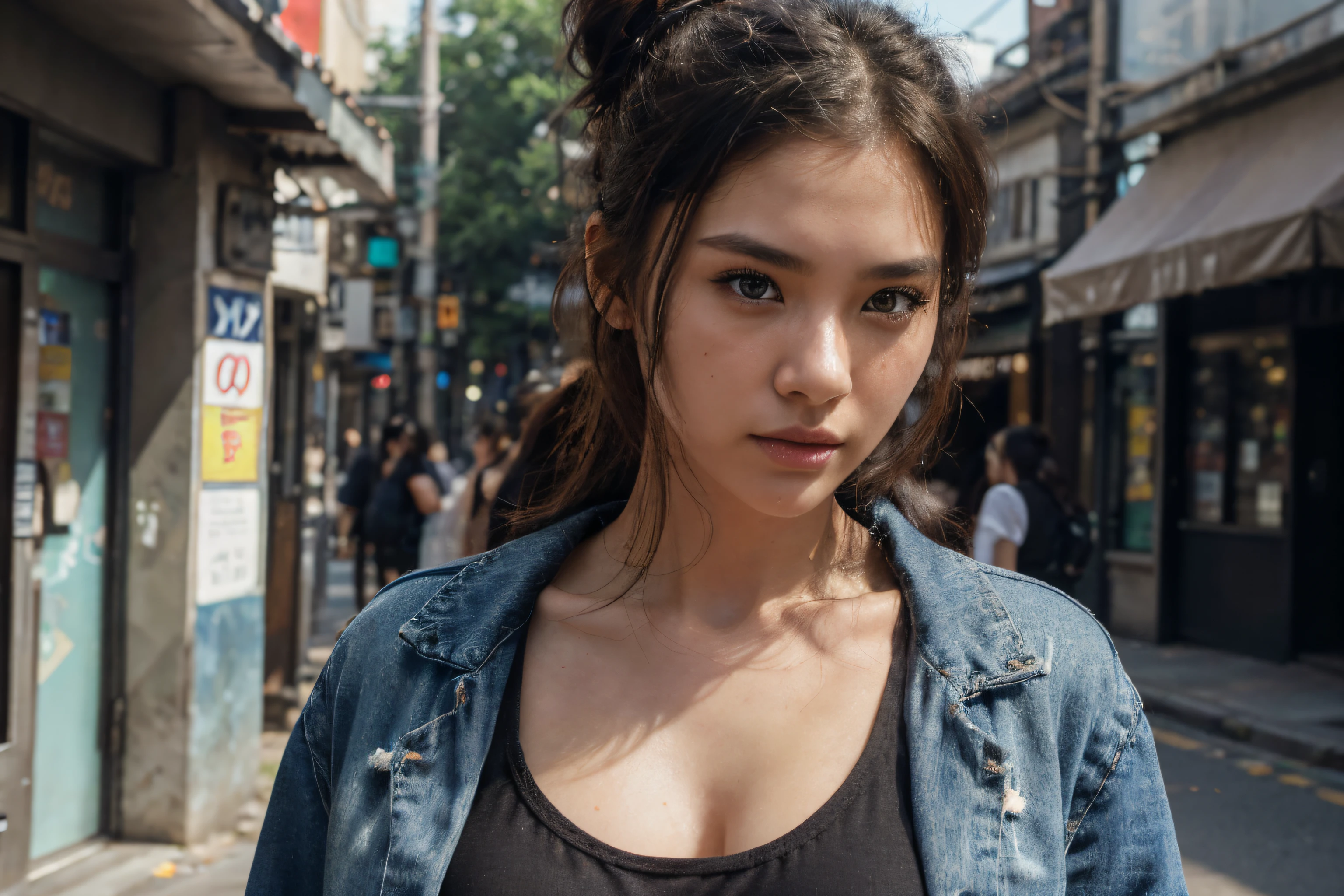 beautiful korean model with hair using black tank top with denim jacket, detail face, she have a very bright eyes, realistic face, detail face, realistic skin, skin pore, vibrant, dramatic lighting, 8k resolution picture, high detail on the photo, very realistic picture, dramatic lighting, fullbody, depth, shadow, dramatic shadow, one of a kind photo, sharp photo, sharpness on the detail, looking at the camera, half body view, (((Best Quality, masutepiece: 1.3)), long hair, ultra high res. photorealistic:.1.4, street background, cinematic lighting, bloom, film grain, Fujicolor, high quality, masterpiece, 8K, UHD, UHD, retina, textured skin, super detail, high details, highres, 16k resolution, award winning, high quality, high details, super detail, messy bun hair
