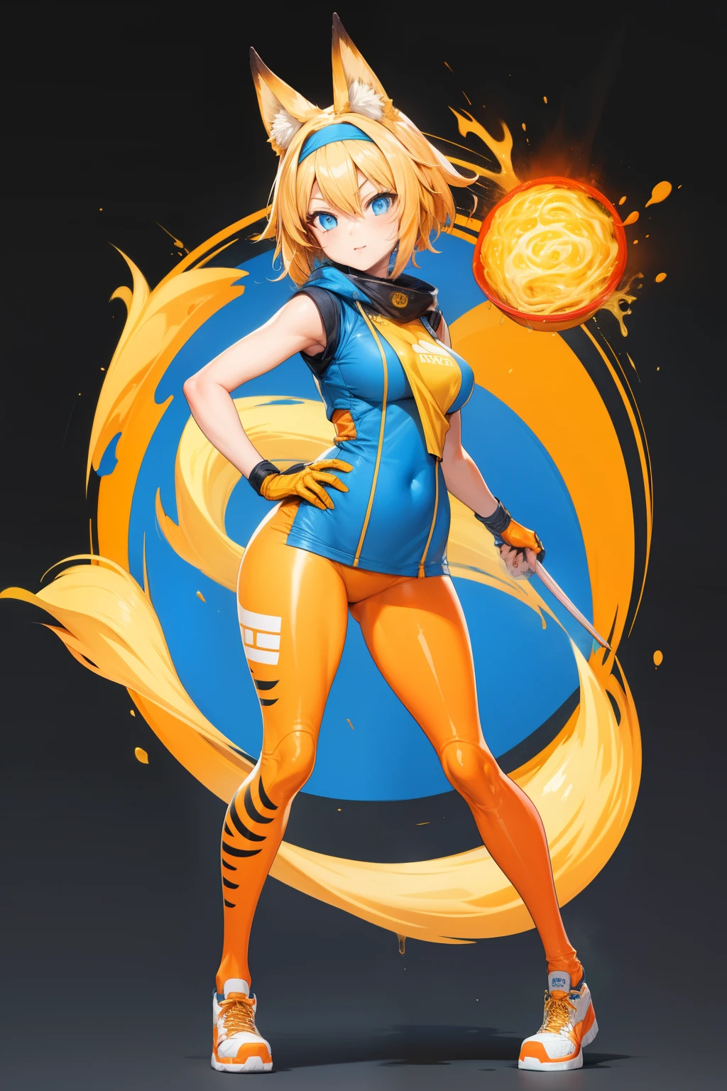 Cute girl, short yellow hair, headband, blue eyes, orange clothes,Ramen, fox, ninja, adult girl, full body