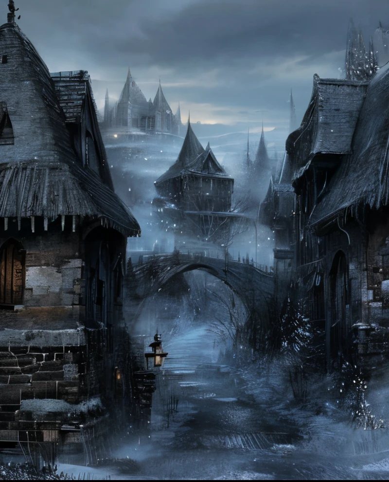 A village, black hooded figure, cold environment, haunted