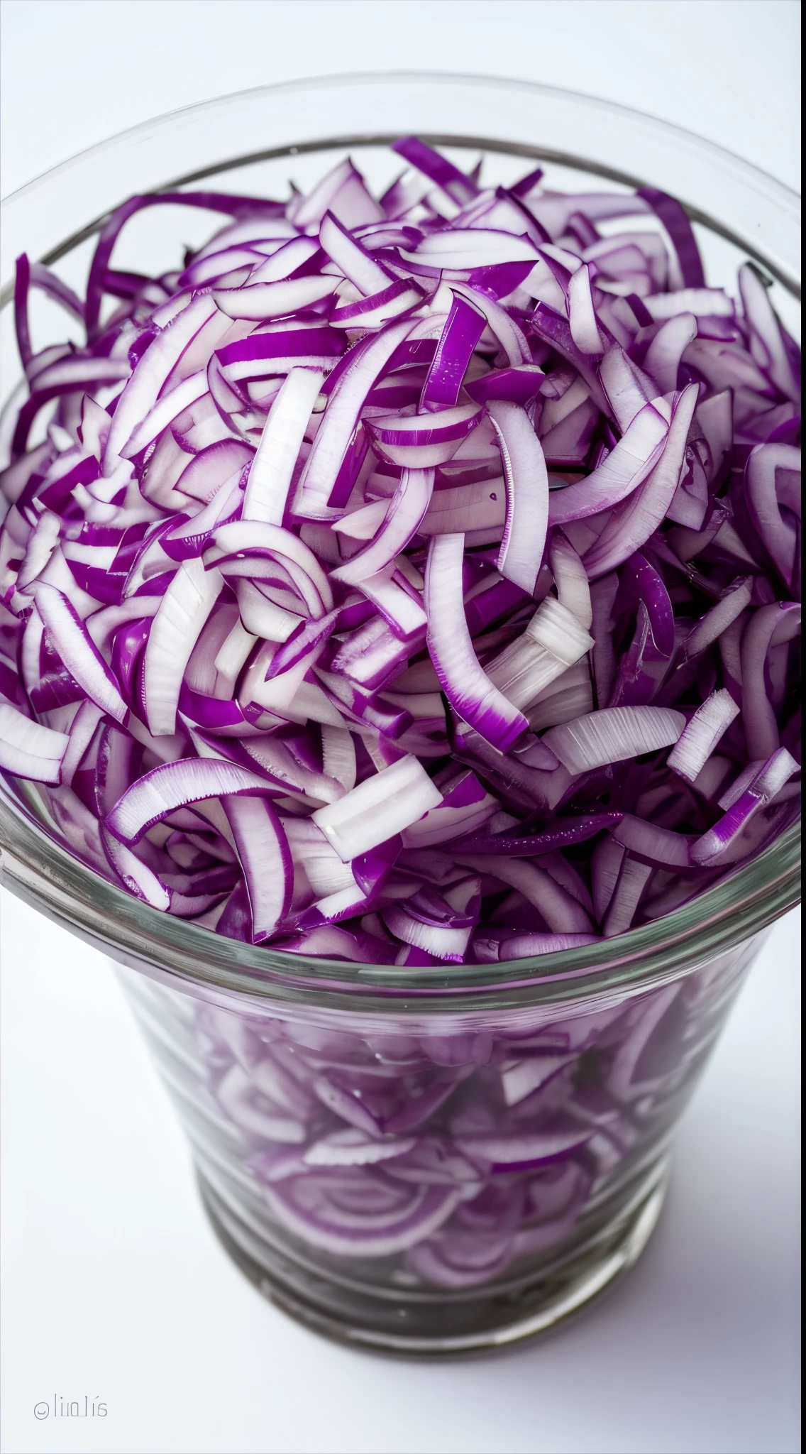 （Best quality，8K，Masterpiece：1.3）, NOhumans，Clear glass，There are a few purple onion pieces inside, diced onions,（minced onions：1.2）, （thin onions：1.2）, blend, detalhe poderoso, intense detail, on the white background, Clear detail, professional,（Hyper-realistic：1.3）