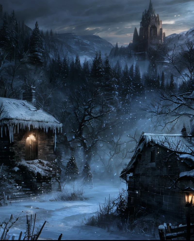 A village, black hooded figure, cold environment, haunted