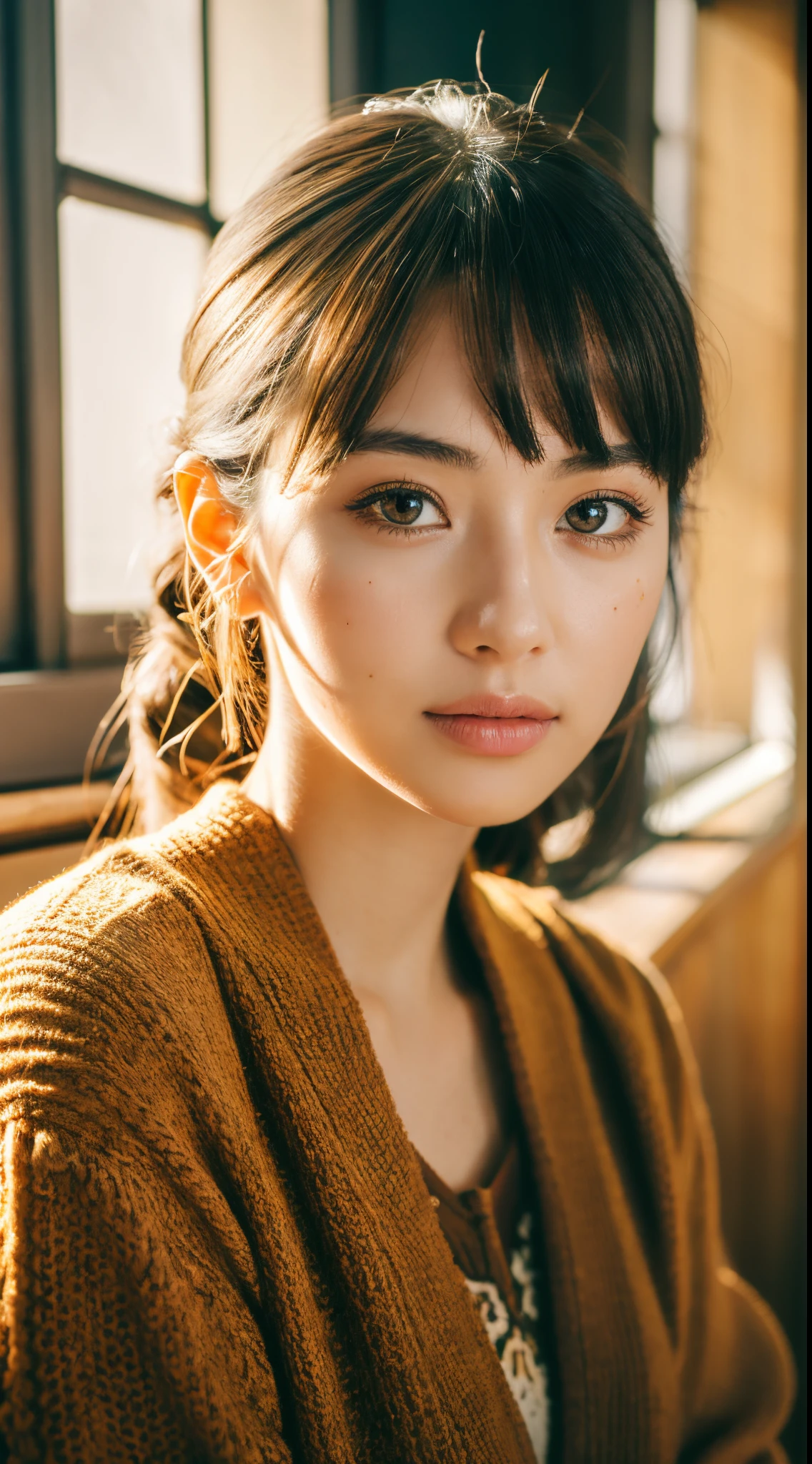 Raw photo, 22-year-old girl, Fashionable autumn clothes, Sit by the window, (1girl in), (Realistic), (Photorealsitic:1.5), lip stick,(Raw photo, 8K UHD, Film grain), Sharp eyeliner, Blush eyeshadow with thick eyelashes, Extremely delicate and beautiful, 8K, Soft lighting, High quality, hight resolution, Sharp Focus, Extremely detailed, (sunlight on face), Beautiful detailed eyes, extremely detailed eye and face, masutepiece, Cinematic lighting, (High detailed skin:1.2), 8K UHD, Digital SLR, Soft lighting, High quality, Film grain, 富士XT3