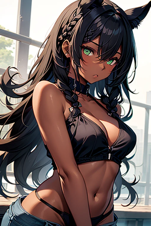 nsfw、masterpiece、best quality、super detailed skin、1catgirl、jadegreen eyes、skin/(dark skin)、horse ears、horse tail、hair/(braided side pigtails)、flipped hair、midnight black hair、wide cleavage、small torn bikini-top、small lace crop-top、torn hotpants、(((uncovered arms)))