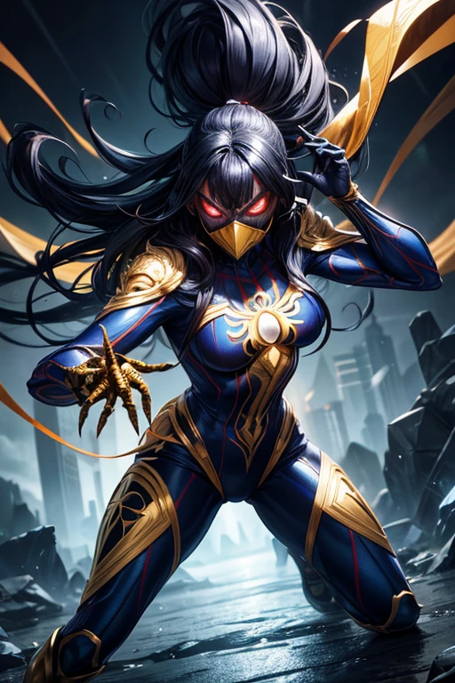 Supervillain Spider-Woman, Mask on the whole face, tight blue spider suit with golden add-ons, on roof, combat stance, highly detailed, vibrant appearance, creative behavior, extremly detailed, imaginative, sensual, spontaneous, highest quality, skin texture, intricate details, (cinematic lighting), RAW photo, 8k, masterpiece,best quality,ultra-detailed,very detailed illustrations,extremely detailed,intricate details,highres,super complex details,extremely detailed 8k cg wallpaper,