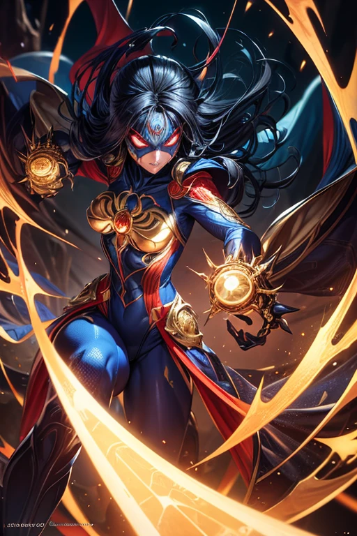 Supervillain Spider-Woman, Mask on the whole face, tight blue and gold spider suit with golden spider symbol, small breasts, combat stance, highly detailed, vibrant appearance, creative behavior, extremly detailed, imaginative, sensual, spontaneous, highest quality, skin texture, intricate details, (cinematic lighting), RAW photo, 8k, masterpiece,best quality,ultra-detailed,very detailed illustrations,extremely detailed,intricate details,highres,super complex details,extremely detailed 8k cg wallpaper,