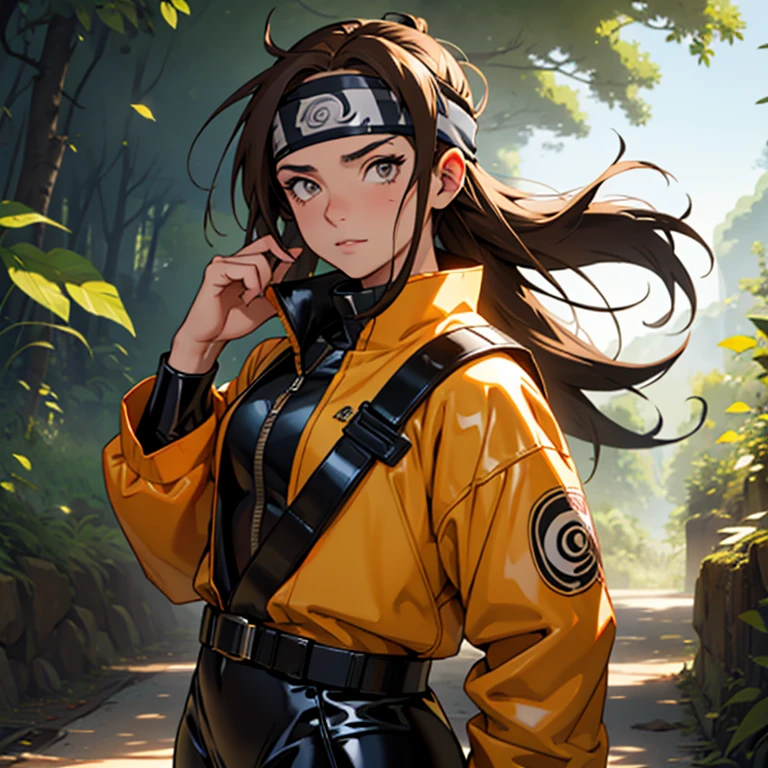 A European looking girl with messy straight brown hair, Handsomer, High quality picture, With Naruto headband With air symbol, 4K quality, In the nature, both eyes clear, solo traveling, she wears a latex costume
