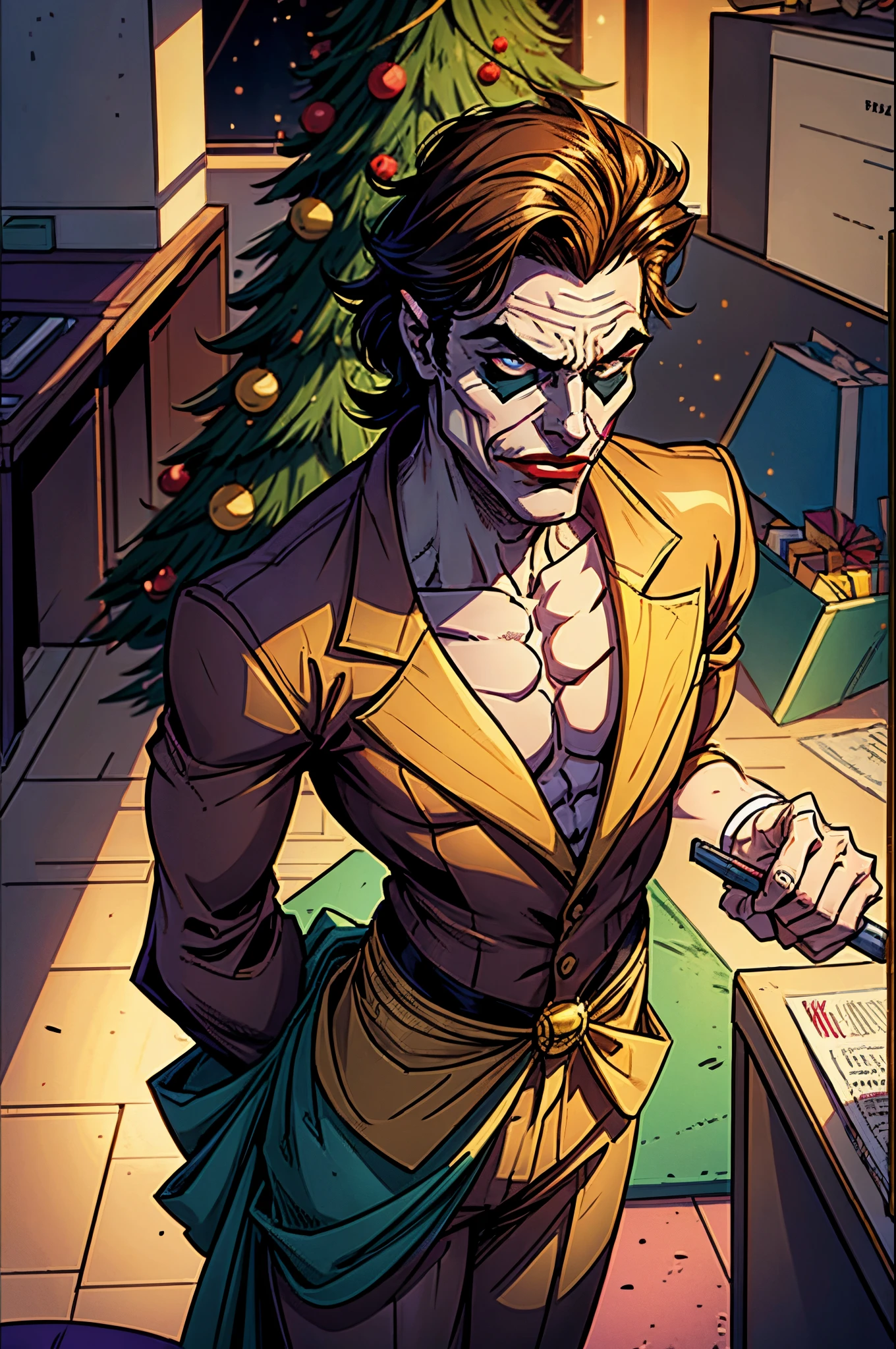 A male boss in the form of a joker stands in the office and decorates a Christmas tree, golden era comic style picture