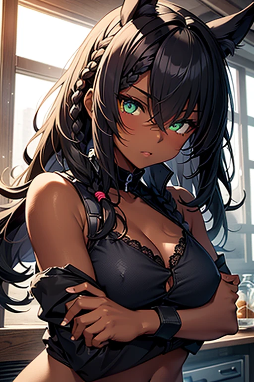、masterpiece、best quality、super detailed skin、1catgirl、jadegreen eyes、skin/(dark skin)、horse ears、horse tail、hair/(braided side pigtails)、flipped hair、midnight black hair、wide cleavage、small torn bikini-top、small lace crop-top、torn hotpants、((( arms)))