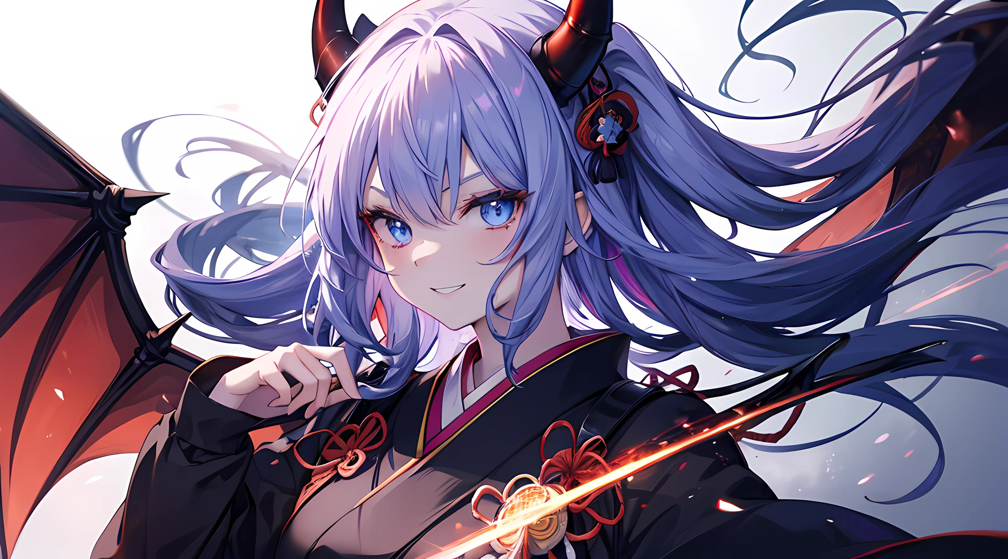 (1 demon girl), front lighting, demon horns, bat wings, japanese samurai uniform, bring sword on her hand, detailed face, walking in japanese garden, crystal blue eyes, multicolored hair, glare, toothy smile, front lighting, 8k, masterpiece, ultra HD,