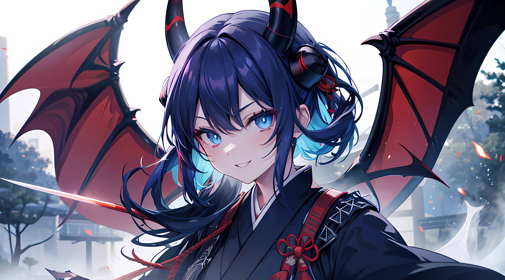 (1 demon girl), front lighting, demon horns, bat wings, japanese samurai uniform, bring sword on her hand, detailed face, walking in japanese garden, crystal blue eyes, multicolored hair, glare, toothy smile, front lighting, 8k, masterpiece, ultra HD,