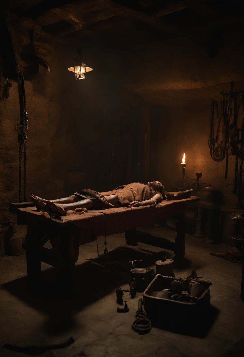 A photo of a crude, makeshift operating table in a dimly lit dungeon, with various torture implements and medical tools scattered around.,Game of Thrones,Qyburn is an older man, wears a maester's robe and chain, famously portrayed by Anton Lesser, male