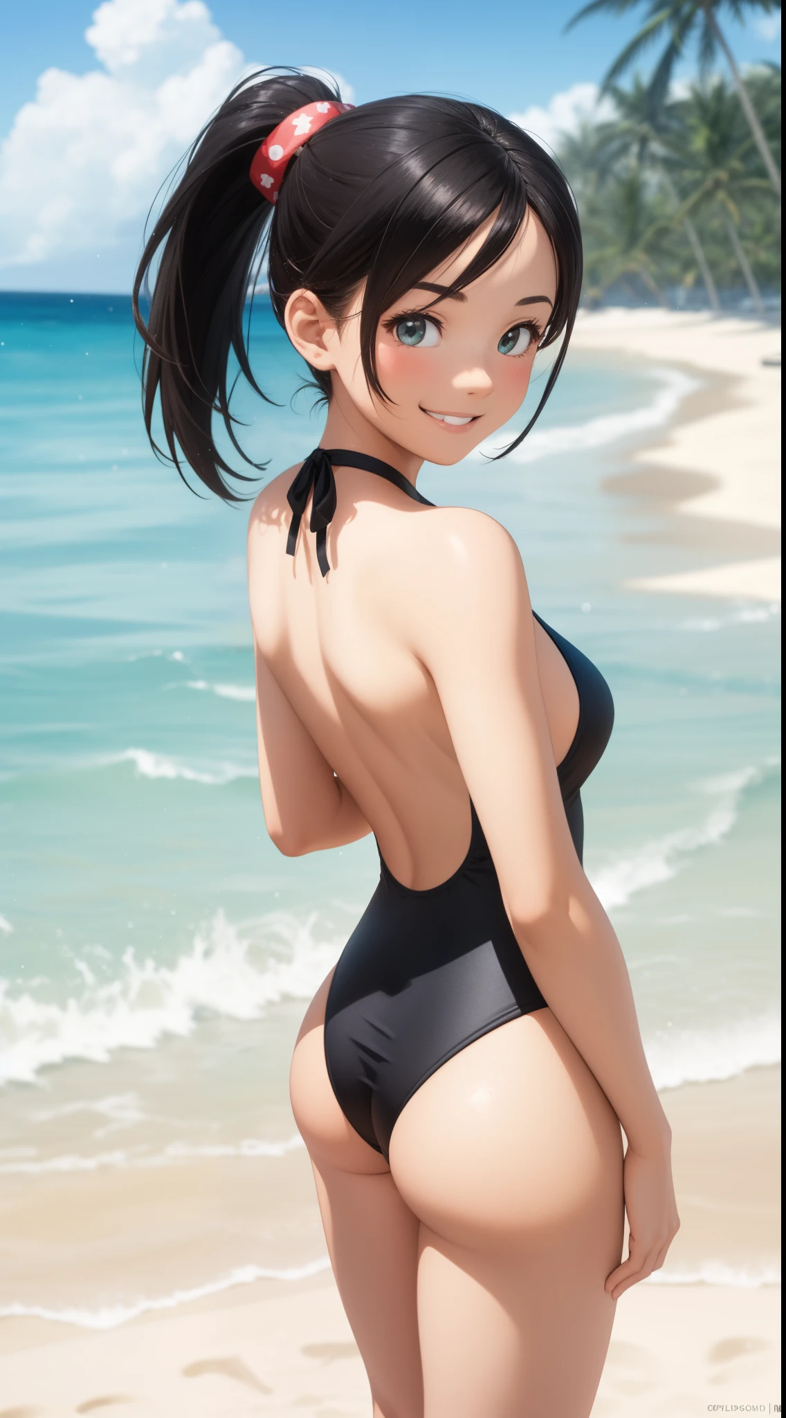 create a disney pixar movie featuring a full body of the girl wearing a black swimsuit,the hair of girl is short hair and the wrist of the girl having black pony tail while that hand is holding the hair while smiling in front of the camera, the back ground is beach and white sand, make it 3d image