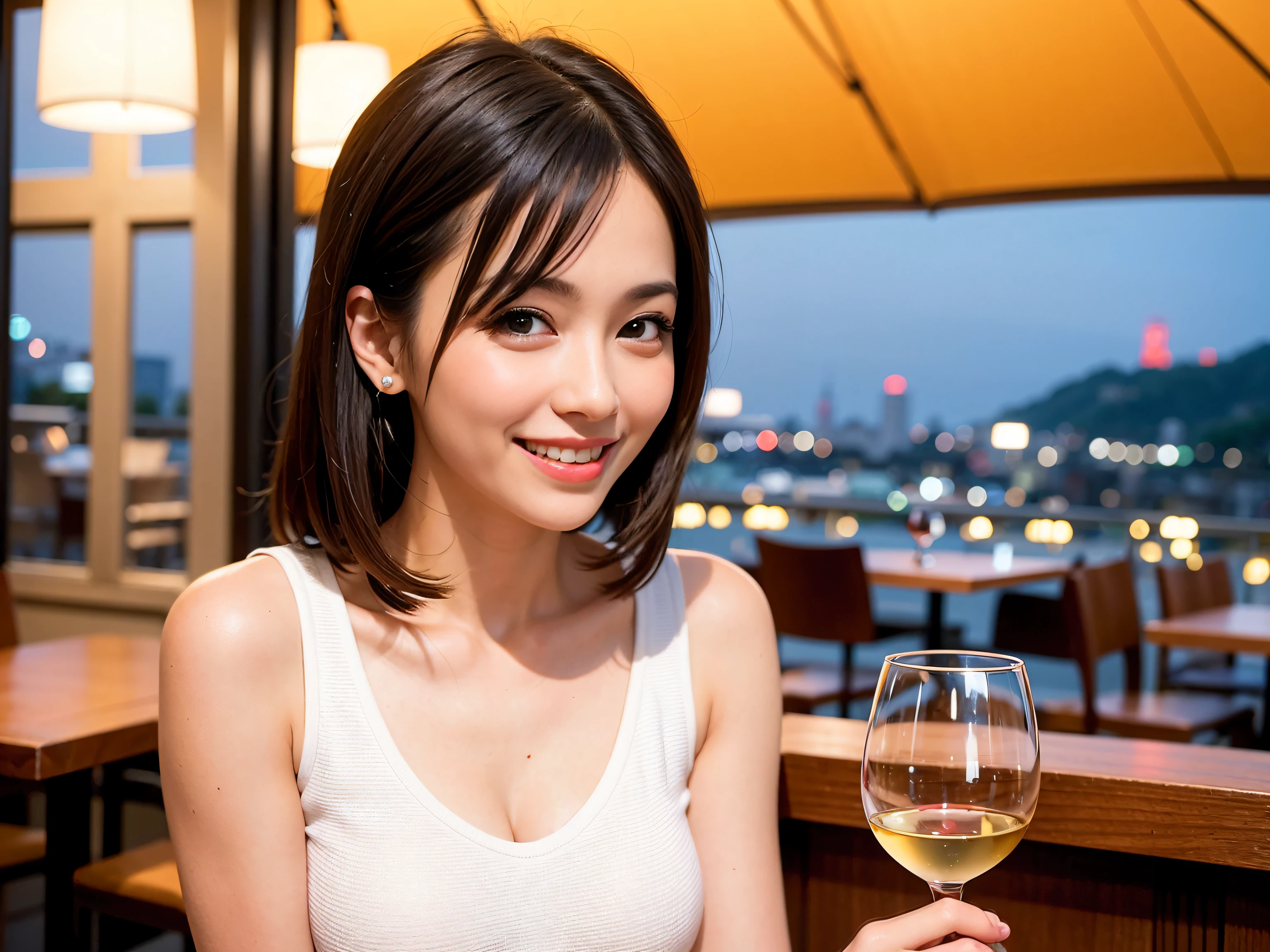 (64K, UHD, top quality, masterpiece: 1.2), (realistic, photorealistic: 1.37), super detailed, pretty woman 1 person, (slim face), (slim body), (brown hair), (short cut), cheeks slightly blushing, (35 years old), 38 years old, solo, beautiful detailed urban night view outside the window, restaurant, wine glasses sit, at night, in a prominent place (from the waist up) NovaFrogStyle, Actress, Model, Waist Up, White Wine, Slim, Wine Glass, Super Clean Night View, Wine Glass Put in the Middle, Happy Smile, (Smile: 1.15), Beautiful Fine Eyes, Upper Body, Bust Japan Up, Night, Short, Short, Actress, Model, Waist Up, White Wine, Slim, Wine Glass, Super Clean Night View, Wine Glass Put in the Middle, Happy Smile,