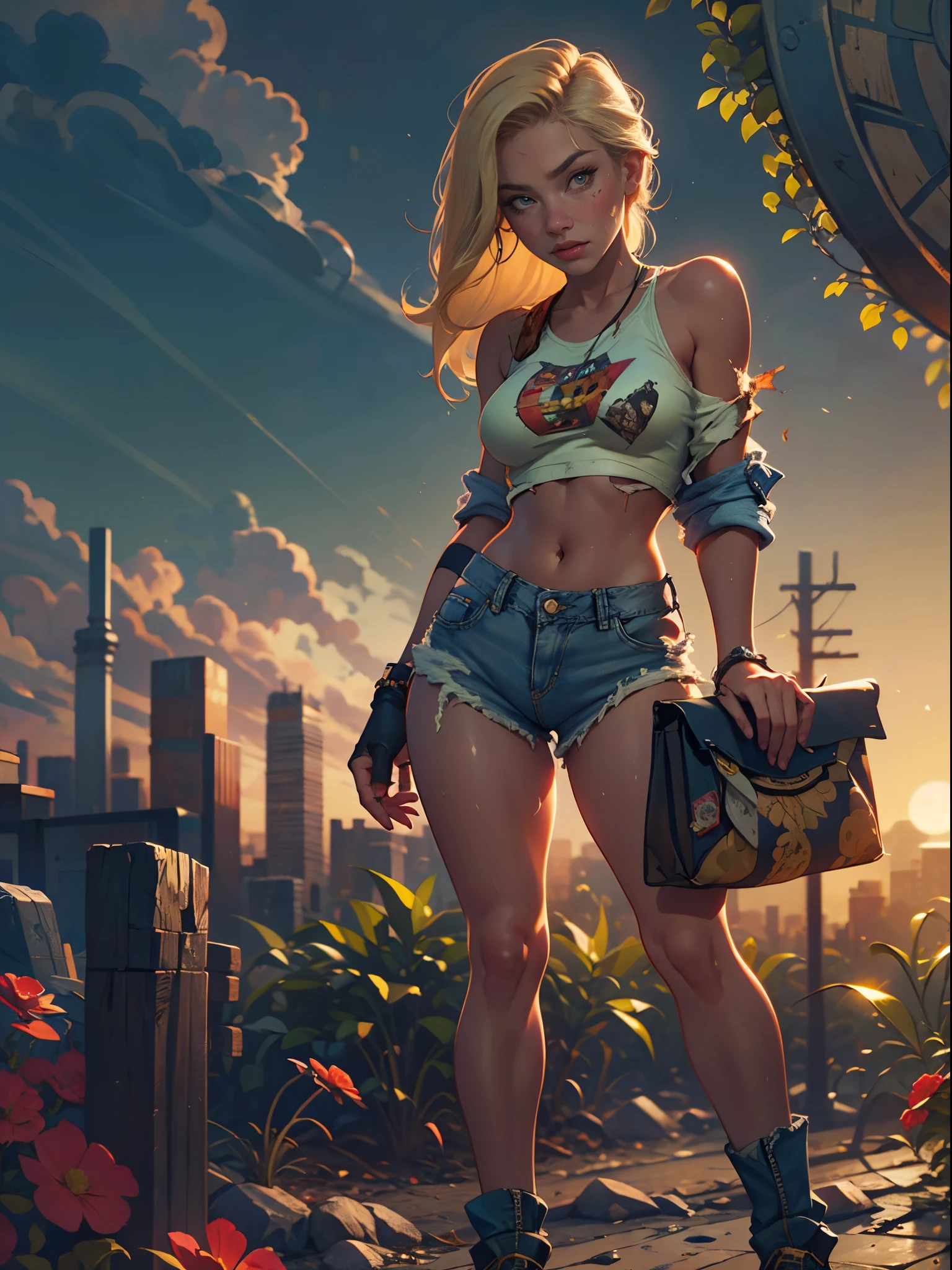 2076 year. The Urban Ruins of the Wasteland, Female huntress picking fruit in the garden, beautiful face, blonde, badly torn shirt and denim shorts ,  long legs, sweating through, sun rising, Nice warm colors, head to toe full body shot