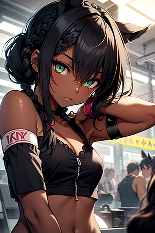 nsfw、masterpiece、best quality、super detailed skin、1catgirl、jadegreen eyes、skin/(dark skin)、horse ears、horse tail、hair/(braided side pigtails)、flipped hair、midnight black hair、wide cleavage、small torn bikini-top、small lace crop-top、torn hotpants、(((uncovered arms)))、upper arms/(wristbands)