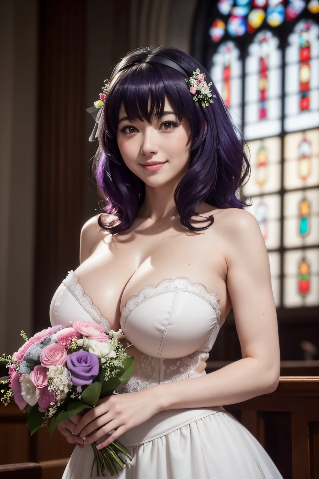 huge breasts, upper body, masterpiece,8k, best quality, good hands, wide hips,good eyes, 1girl, solo, high detail hair, maximum detail, intricate detail, extremely clear,ray tracing, nsfw,rtx,white wedding dress ,smile, shy, blush, strapless, embaressed,yamanobe tomo purple hair red eyes medium hair (((huge breasts:1.3)), mature female,wholesome,on d850 film stock photograph 4 kodak portra 400 camera f1.6 lens rich colors hyper realistic lifelike texture dramatic lighting unrealengine trending on artstation cinestill 800 tungsten, smile, church, holding bouquet of flowers, crying