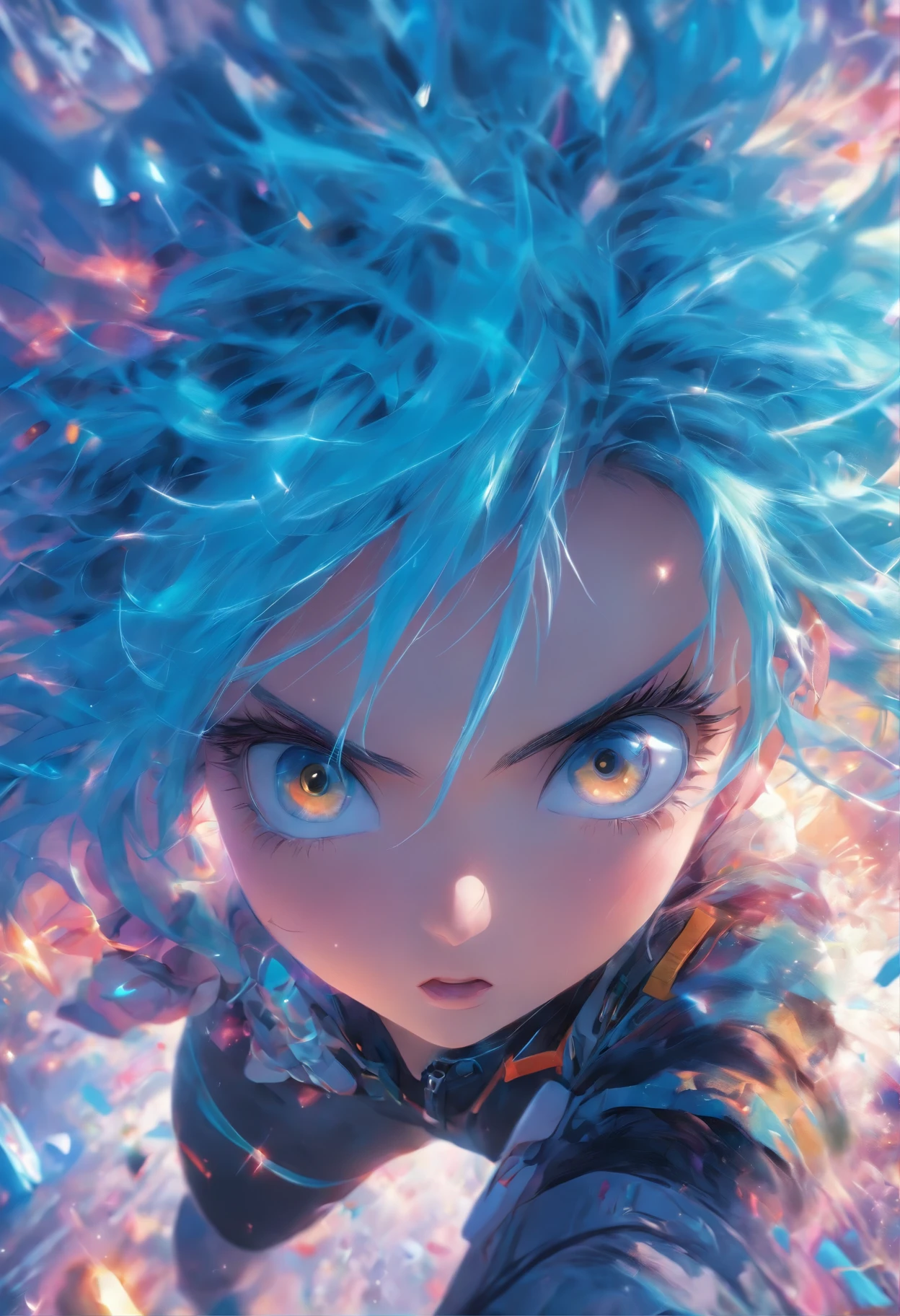 foreshortening, depth of fields, tmasterpiece, Best quality,Blue-haired girl,largeeyes,a visual feast