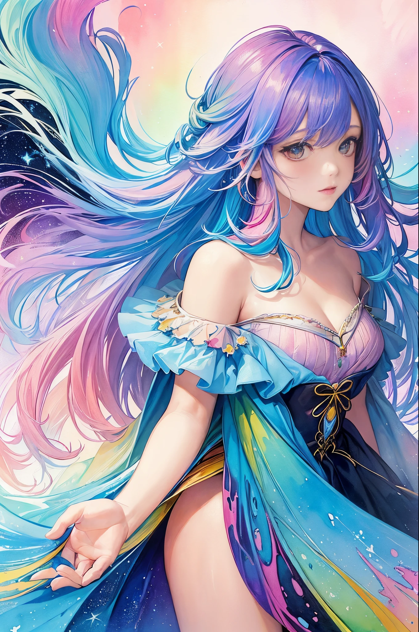 (masterpiece, top quality, best quality,watercolor (medium),official art, beautiful and aesthetic:1.2),(1girl:1.3), (fractal art:1.3),upper body, from side, looking at viewer,patterns,(rainbow color Hair,colorful hair,half blue and half pink hair:1.2),water,liquid, cloud,colorful, starry,stars,
