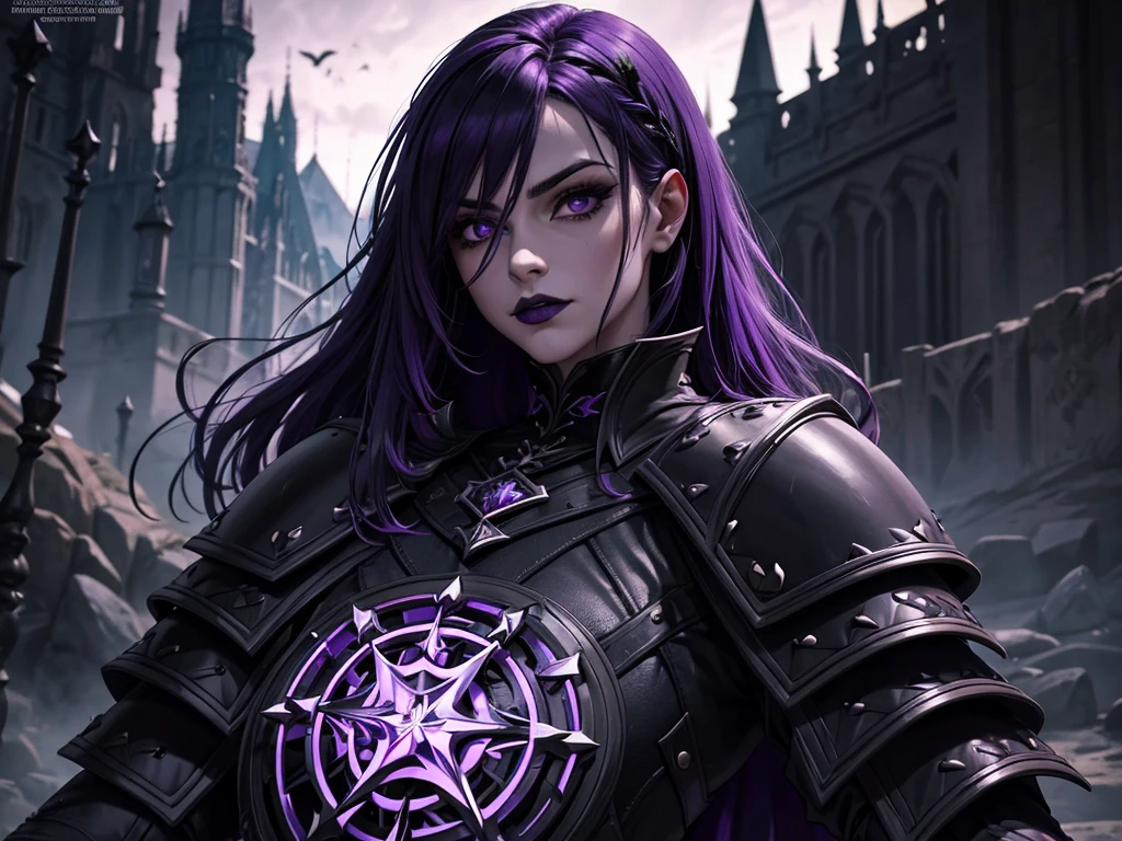 An adult vampire wizard character wearing a very detailed and beautiful gothic armor in black and purple color. Seu cabelo com corte em estilo curto, black lip color, cor roxa dos olhos;, manto, capuz, caminhando, 8k, Magnificent, Black and purple Gothic armor, capa