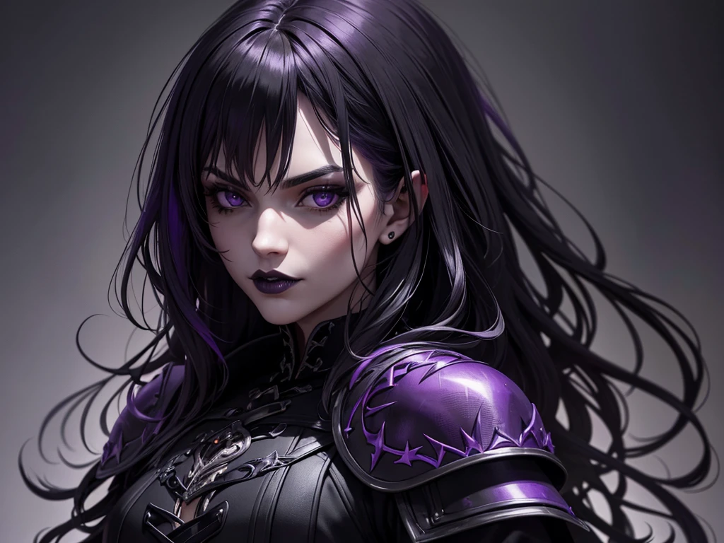 An adult vampire wizard character wearing a very detailed and beautiful gothic armor in black and purple color. Seu cabelo com corte em estilo curto, black lip color, cor roxa dos olhos;, manto, capuz, caminhando, 8k, Magnificent, Black and purple Gothic armor, capa