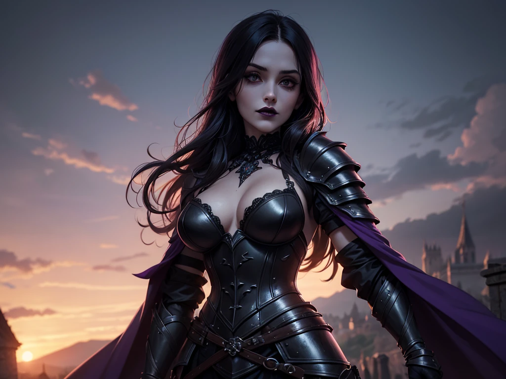 An adult vampire wizard character wearing a very detailed and beautiful gothic armor in black and purple color. Seu cabelo com corte em estilo curto, black lip color, cor roxa dos olhos;, manto, capuz, caminhando, 8k, Magnificent, Black and purple Gothic armor, capa