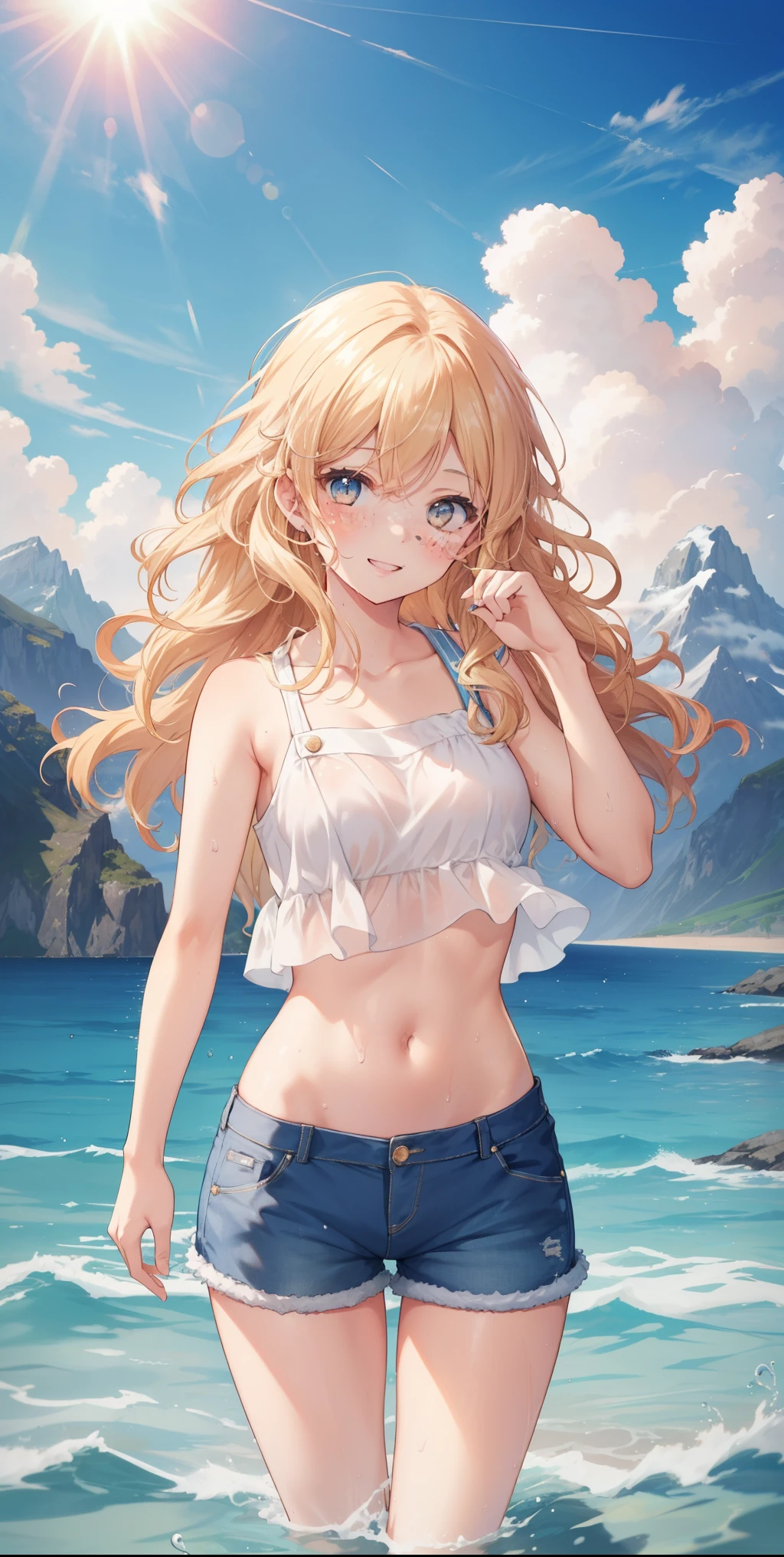 (best quality, masterpiece), 1girl, upper body, paw pose, smile, laughing, happy, ocean, crop top, shorts, blonde, freckles, blush, looking at viewer, wavy hair, long hair, cloud, splashes, waves, sun, mountain, wet