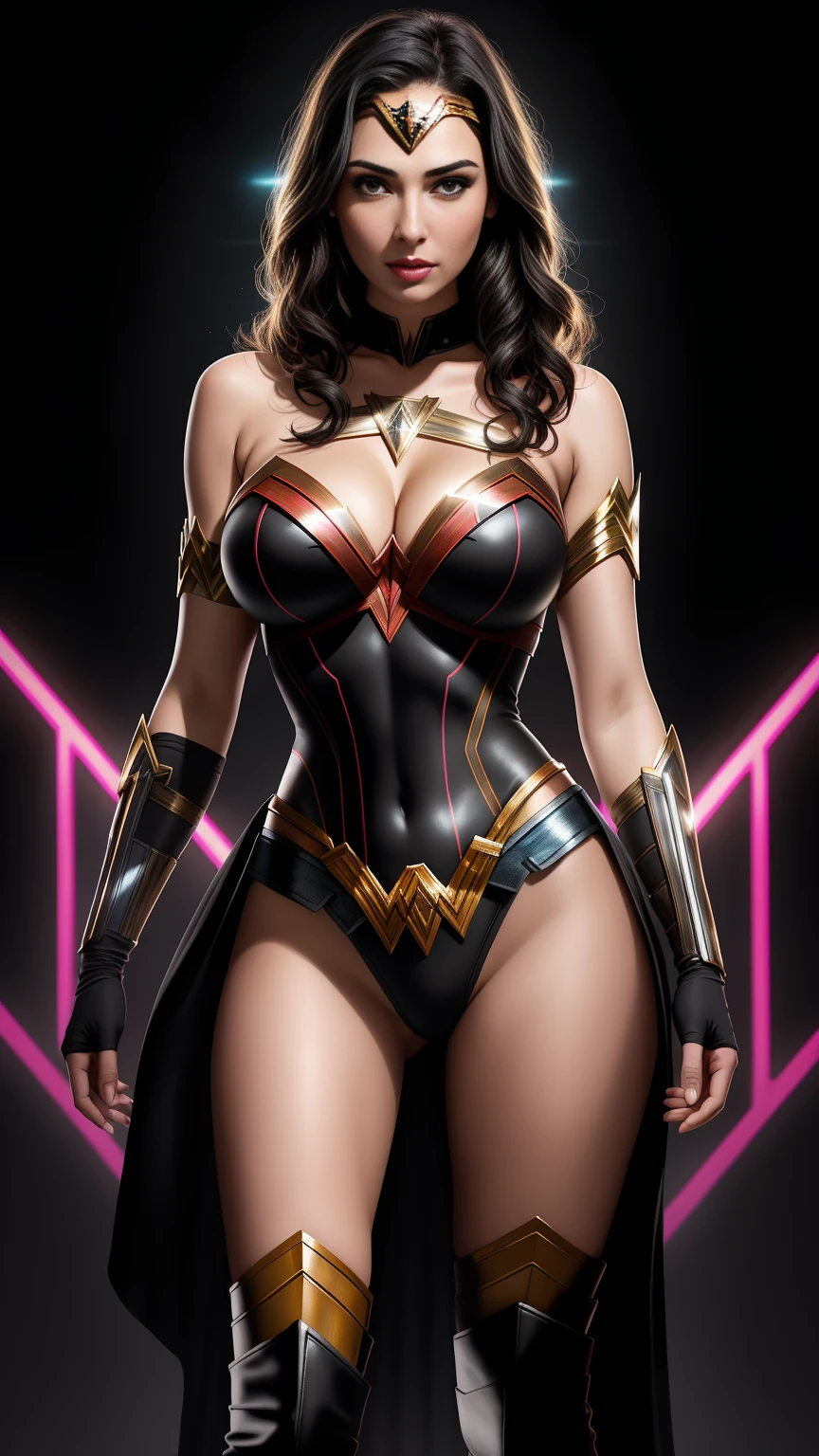 there is Gal Gadot as Wonder Woman standing, 3 d neon art of a womans body, neon-noir background, cyberpunk femme fatale, seductive cyberpunk dark fantasy, cyberpunk strip clubs, cyberpunk 20 y. o model girl, oppai cyberpunk, banner, high definition cgsociety, cgsociety masterpiece, trending on cgstation, kda, random hair, looking at camera, gigantic breasts, cleavage, (high detailed skin:1.2), 8k uhd, dslr, super lighting, high quality, film grain, high res, highly detailed, hyper realistic, beautiful face, beautiful body, beautiful eyes nose lips, alluring expression, very bold, upper boobs visible, full body photo, standing legs apart, pale translucent glowing skin, most beautiful face, cute, (well defined pubic hair:1.2)), (dark plain black background:1.4))