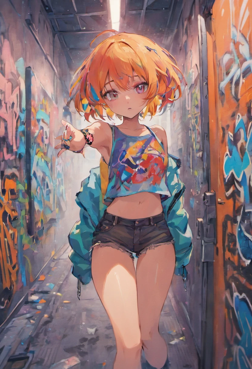 Girl, slim, pale skin, light hazel eyes, freckles, pastel orange hair, ginger, short bangs, low buns, beautiful, tiny buns, soft, delicate, flat, colorful crop top