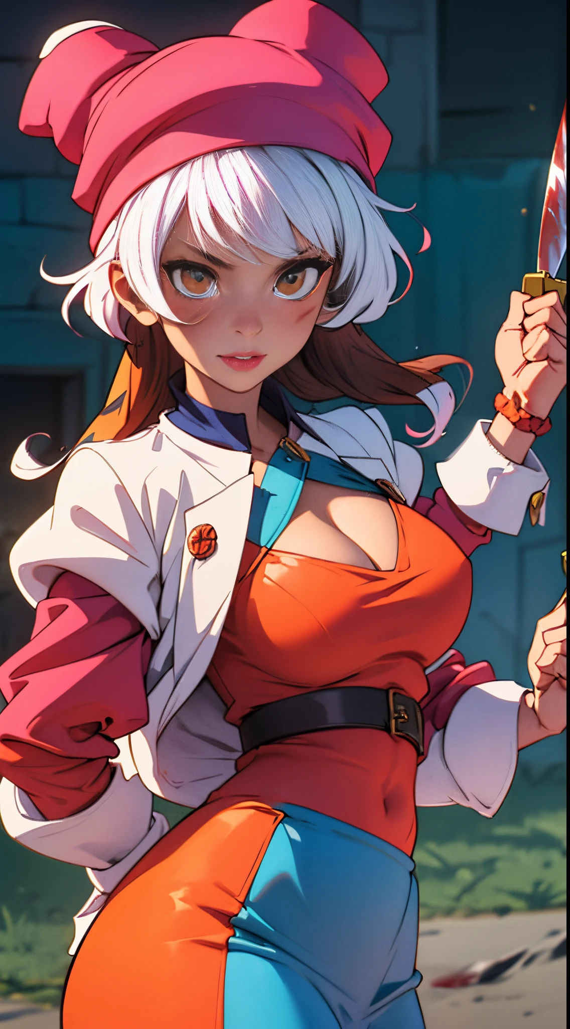 (best qualityer:0.8), perfect anime illustration, 1 girl, in front, gazing at viewer, NoelleHoliday, White hair, red short skirt, Red strappy sleeves, white blouse, purples eyes, big hair, medium breasts((she holding one of her breasts))
