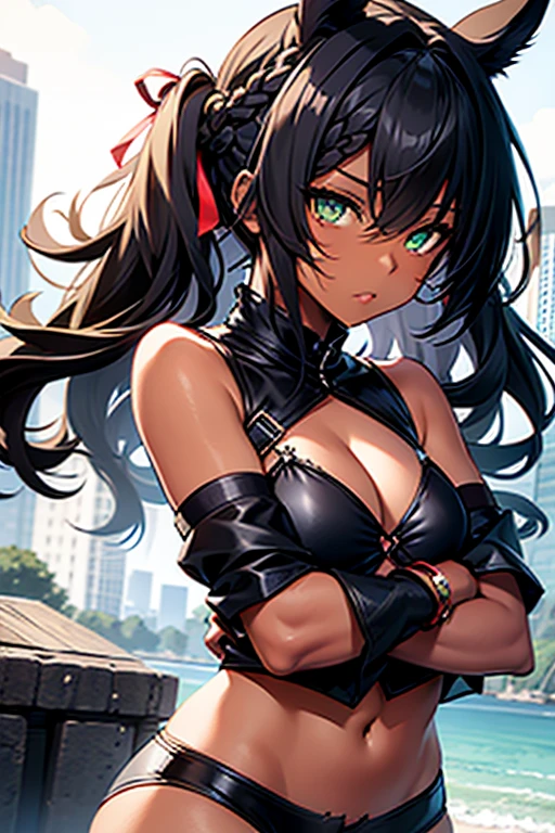 nsfw、masterpiece、best quality、super detailed skin、1catgirl、jadegreen eyes、skin/(dark skin)、horse ears、horse tail、hair/(braided side pigtails)、flipped hair、midnight black hair、wide cleavage、small torn bikini-top、small lace crop-top、torn hotpants、(((uncovered arms)))、upper arms/(leather ribbons)、wrists/(bracelets)