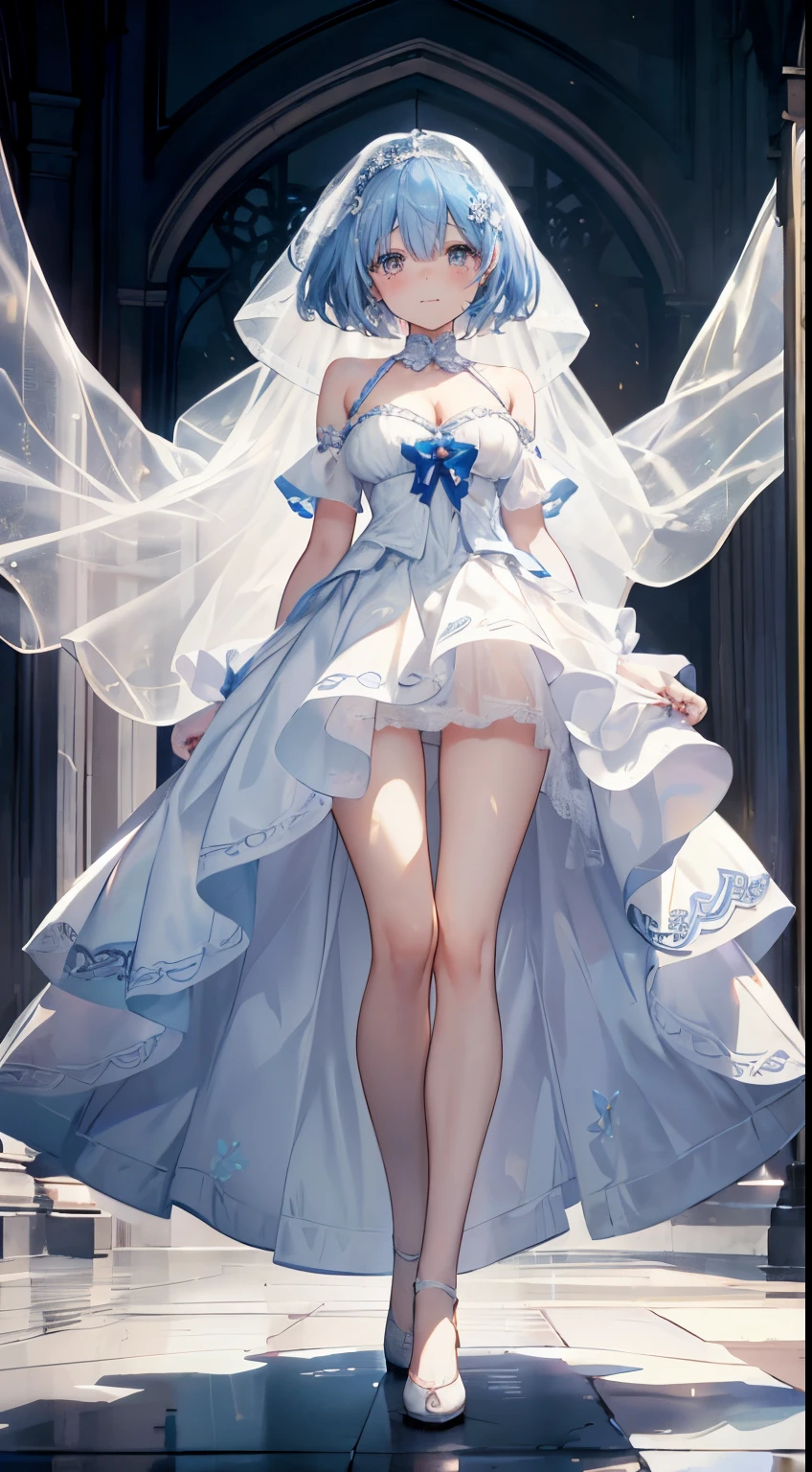 extra detailed face, Perfect Lighting, extremely details CG, 4K、8K、be shy、mournful smile、(Perfect hands, Perfect Anatomy)、Ultra-realistic photo of a girl in a beautiful white wedding dress, Big beautiful dress,all white wedding dress、Silk Veil、White dress with frills(Best Quality, masutepiece, art stations, Fantasy Art:1.2),chies,chapel、Beautiful stained glass、beautiful white bouquet、Beautiful cute girl, Rem of Rezero、Height 150cm、(Blue shorthair:1.3), Bangs hide one eye、Tears of joy、(intricate short white skirt, Bare legs:1.2, Full body shot)、very Bigger breasts、cleavage of the breast、Nipples show through、、No pubic hair(Clearly visible detailed female pubic shape: 1.4)、skirt rift、Thin leg、Skinny Legs、very very short skirt、low angles、Peeking out the skirt from below、Bangs hide one eye