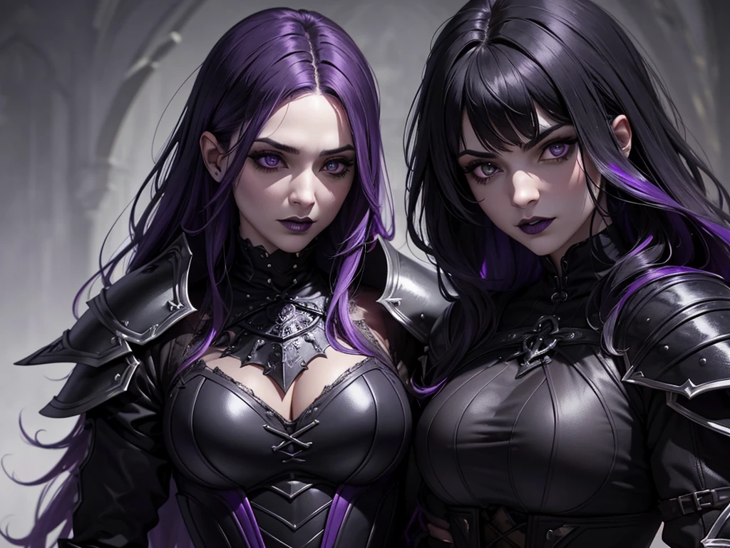 An adult vampire wizard character wearing a very detailed and beautiful gothic armor in black and purple color. Seu cabelo com corte em estilo curto, black lip color, cor roxa dos olhos;, manto, capuz, caminhando, 8k, Magnificent, Black and purple Gothic armor, capa