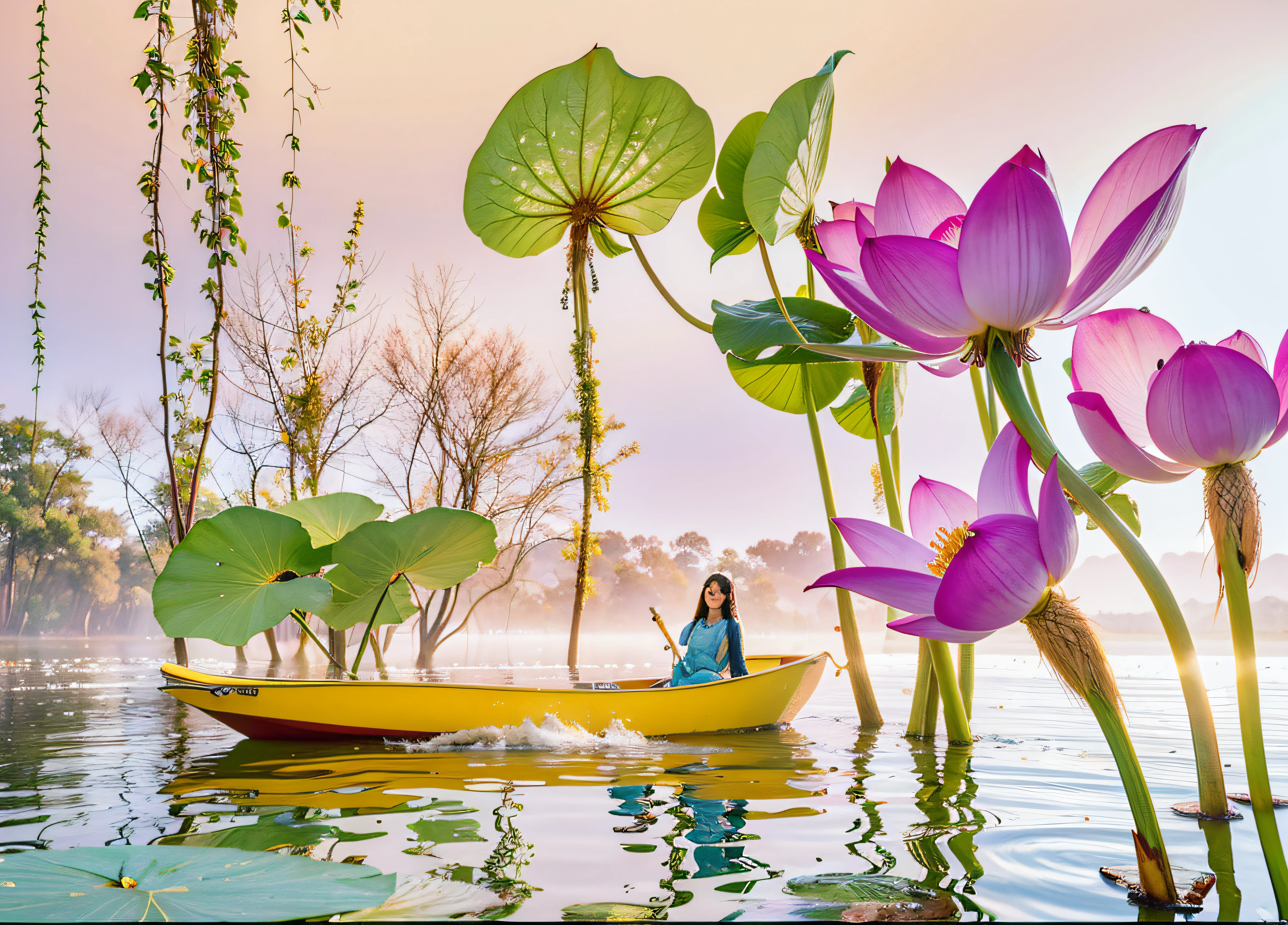 lotus flower，Lotus leaf，lotus root，honeybee：2，small boats，Rios，Small fish，sky sky，ultra real photo，4K，photography，Surreal and detailed（tmasterpiece，top-quality，Best quality at best，The content is very detailed，highest details，offcial art，Beauty and aesthetics：1.2），rich colourful，Denim lenses，upper body photos，beauitful face，独奏，perfect body figure，on the clouds in the sky，faeries，Ambilight，suns rays，Yunxia，Full body lesbian，Hanfu，Chinese clothes，white dresses，Eau，glowworm，natta，starrysky，jewely，There are feathers on the clothes，Peacock feathers，Light particles，Volumetriclighting，Ray traching（Ambilight：1.1），（Fantasy novels：1.2），Illuminator，As estrelas，like a dream，hight contrast，ink strokes，overexposure，Impressions of purple and red tones，Abstract，（（Watercolors by John Berkey and Jeremy Mann））Brush Strokes，