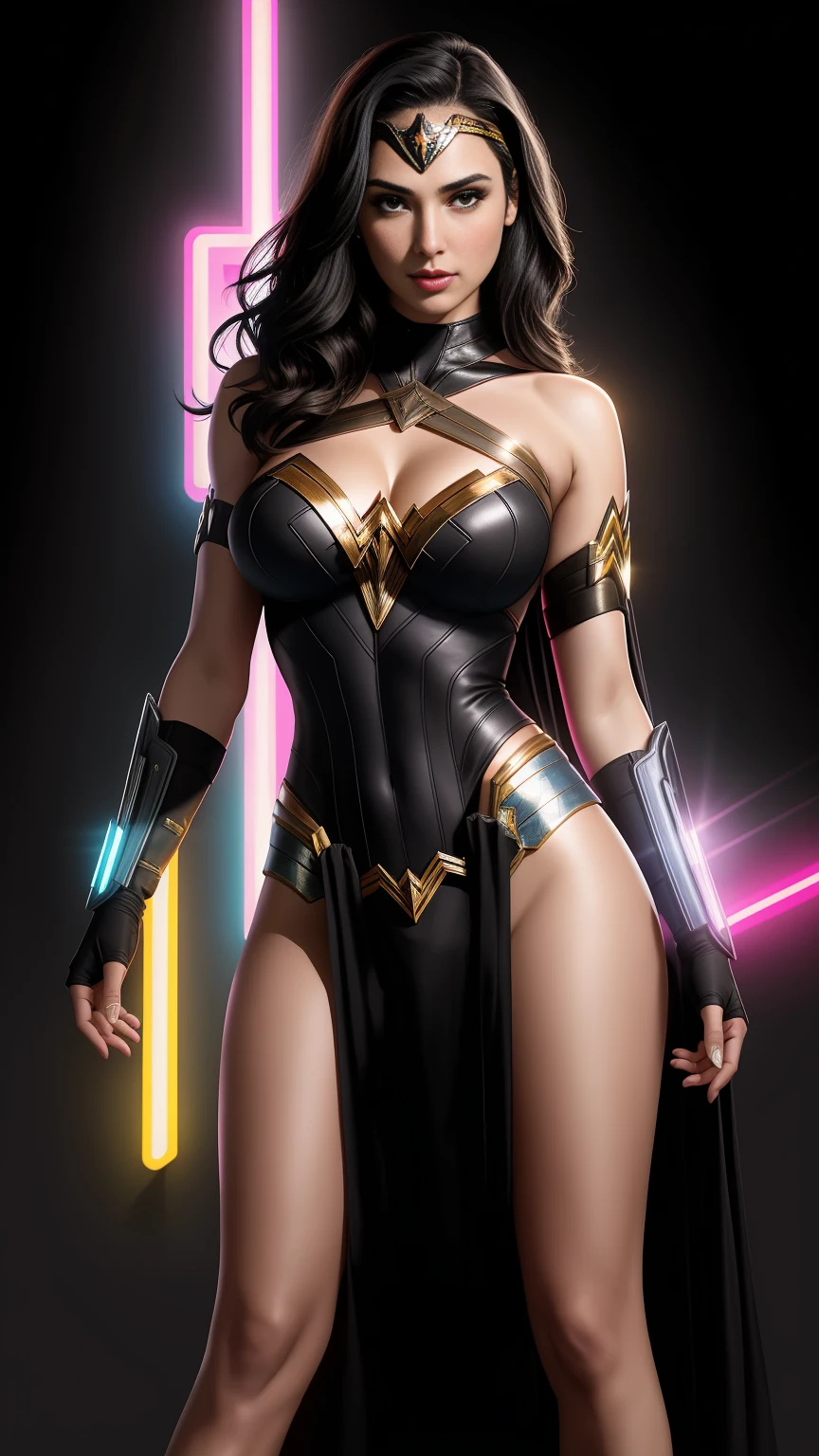 there is Gal Gadot as Wonder Woman standing, 3 d neon art of a womans body, neon-noir background, cyberpunk femme fatale, seductive cyberpunk dark fantasy, cyberpunk strip clubs, cyberpunk 20 y. o model girl, oppai cyberpunk, banner, high definition cgsociety, cgsociety masterpiece, trending on cgstation, kda, random hair, looking at camera, gigantic breasts, cleavage, (high detailed skin:1.2), 8k uhd, dslr, super lighting, high quality, film grain, high res, highly detailed, hyper realistic, beautiful face, beautiful body, beautiful eyes nose lips, alluring expression, very bold, upper boobs visible, full body photo, standing legs apart, pale translucent glowing skin, most beautiful face, cute, (well defined pubic hair:1.2)), (dark plain black background:1.4))