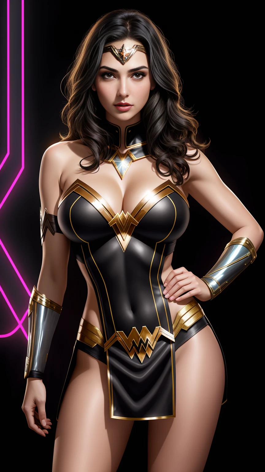 there is Gal Gadot as Wonder Woman standing, 3 d neon art of a womans body, neon-noir background, cyberpunk femme fatale, seductive cyberpunk dark fantasy, cyberpunk strip clubs, cyberpunk 20 y. o model girl, oppai cyberpunk, banner, high definition cgsociety, cgsociety masterpiece, trending on cgstation, kda, random hair, looking at camera, gigantic breasts, cleavage, (high detailed skin:1.2), 8k uhd, dslr, super lighting, high quality, film grain, high res, highly detailed, hyper realistic, beautiful face, beautiful body, beautiful eyes nose lips, alluring expression, very bold, upper boobs visible, full body photo, standing legs apart, pale translucent glowing skin, most beautiful face, cute, (well defined pubic hair:1.2)), (dark plain black background:1.4))