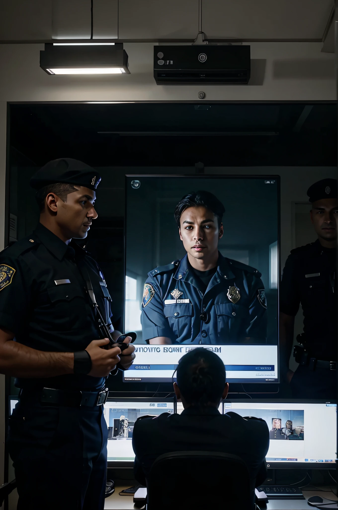 Policemen watch a video on a computer screen , dark room