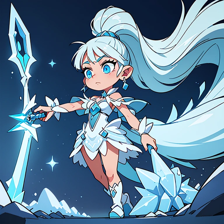 Ice Sorceress. She wears an ice silk dress and adorned with blue crystals.. She has silver hair, that sparkle like ice, and eyes, full of cold radiance. Miriana has the ability to create and control ice elements, and her two-handed weapon is a sword made of pure ice. seen from the back, boots should be visible