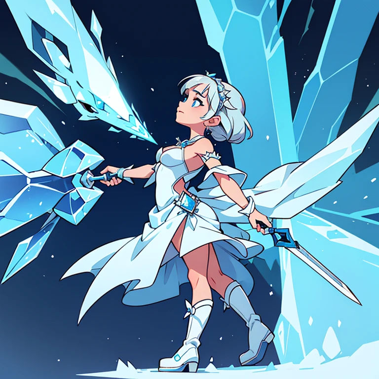 Ice Sorceress. She wears an ice silk dress and adorned with blue crystals.. She has silver hair, that sparkle like ice, and eyes, full of cold radiance. Miriana has the ability to create and control ice elements, and her two-handed weapon is a sword made of pure ice. seen from the back, boots should be visible