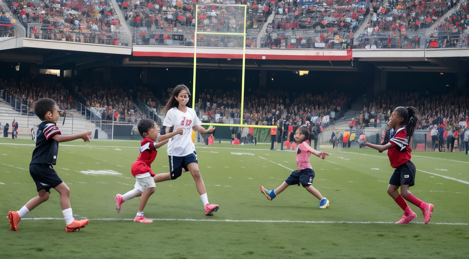 A group of children playing happily on the football field