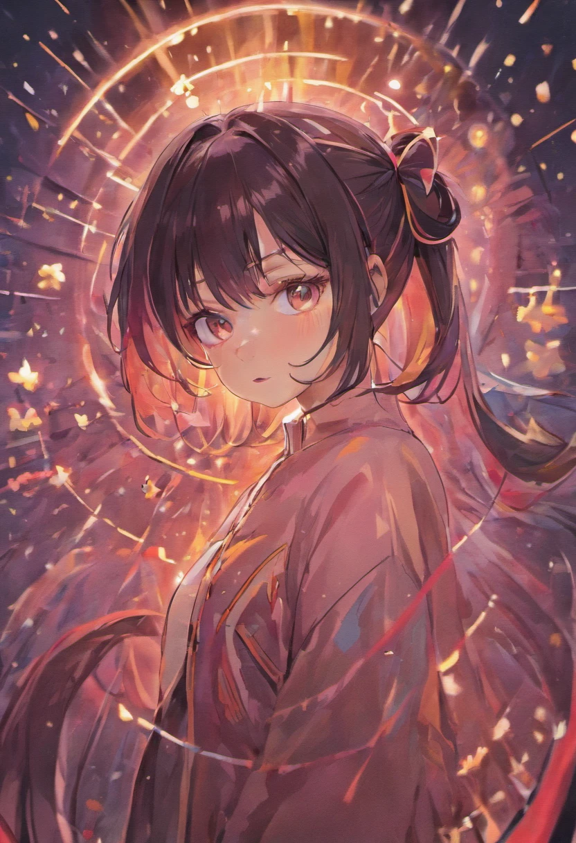 black hair, hair bobbles, wince, longeyelashes, solid circle eyes, fake animal ears, light smile, ear blush, fang, Surrealism, drop shadow, anaglyph, stereogram, tachi-e, pov, atmospheric perspective, 8k, super detail, ccurate, best quality