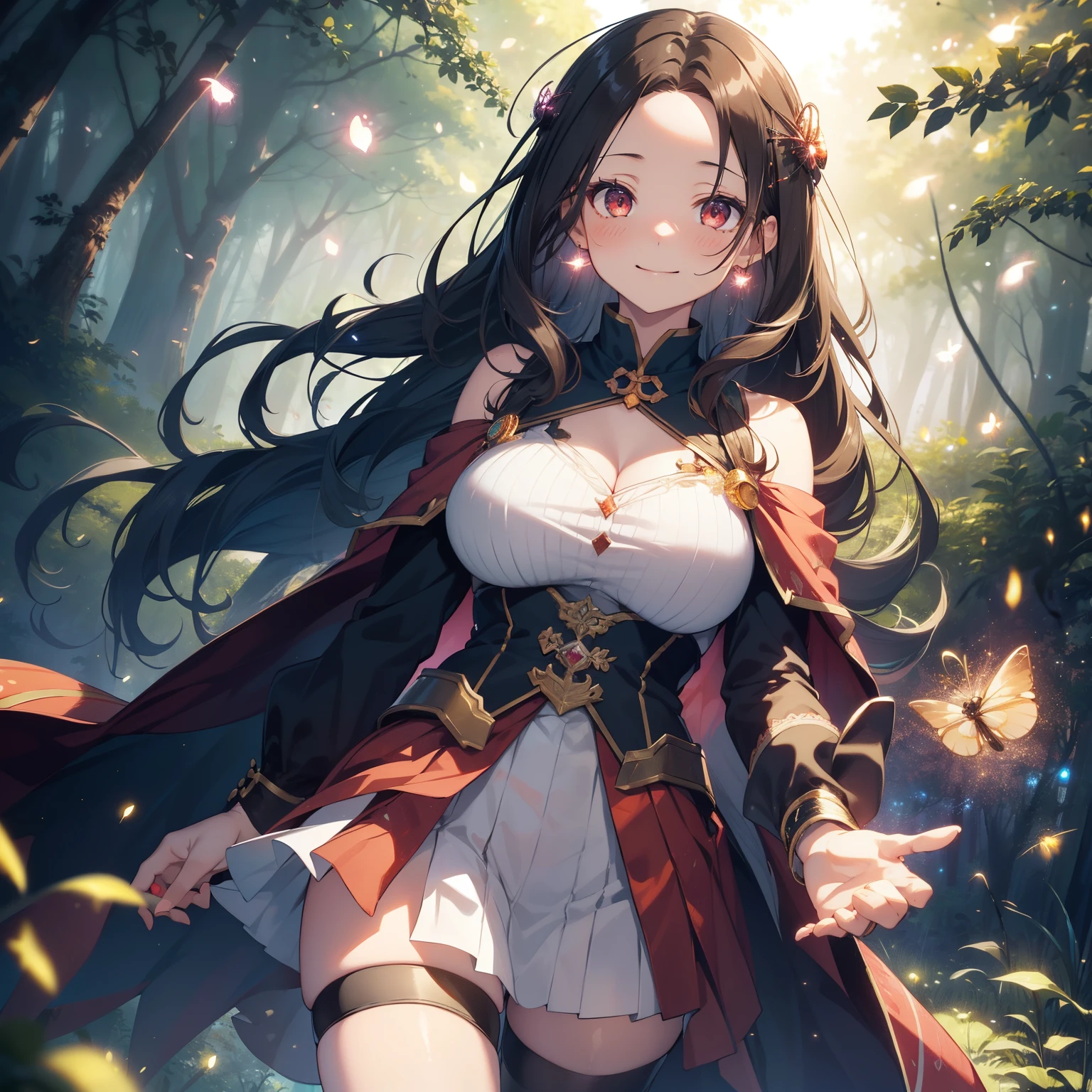 (masutepiece,Best Quality,8K),(extremely detailed CG1.1),teens girl,Smile,large boob,(From below:1.2),Intricate details , Hyper realistic, Perfect Anatomy,A dark-haired,Red Eyes,(((Forehead))),Permed hair with wavy hair,(((length hair))),Hair over one eye,hair slicked back,Full body,(((sorcerer ))),blush,Happy smile,(((A magical forest with glowing fireflies))),Lens Flare,Wind,Magnificent view,(chromatic abberation:1.3),Dynamic Angle,Cowboy Shot,Looking at Viewer,is standing,float