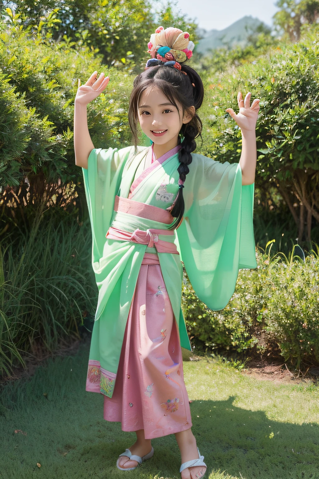 A cute girl about 6 ,Wearing Dunhuang-style clothing,Stand naturally,facing at the camera,Laughing heartily,There are braids,Background forest,Bubble Mart style,Simplified design,IP mirroring,High-quality natural color combination、Bright and harmonious、cutecolors、Meticulous character design、behans、Haipai style、Organic sculpture、3D animation style character design、cartoon realistic、Interesting character setting、ray traycing、Children's illustration style