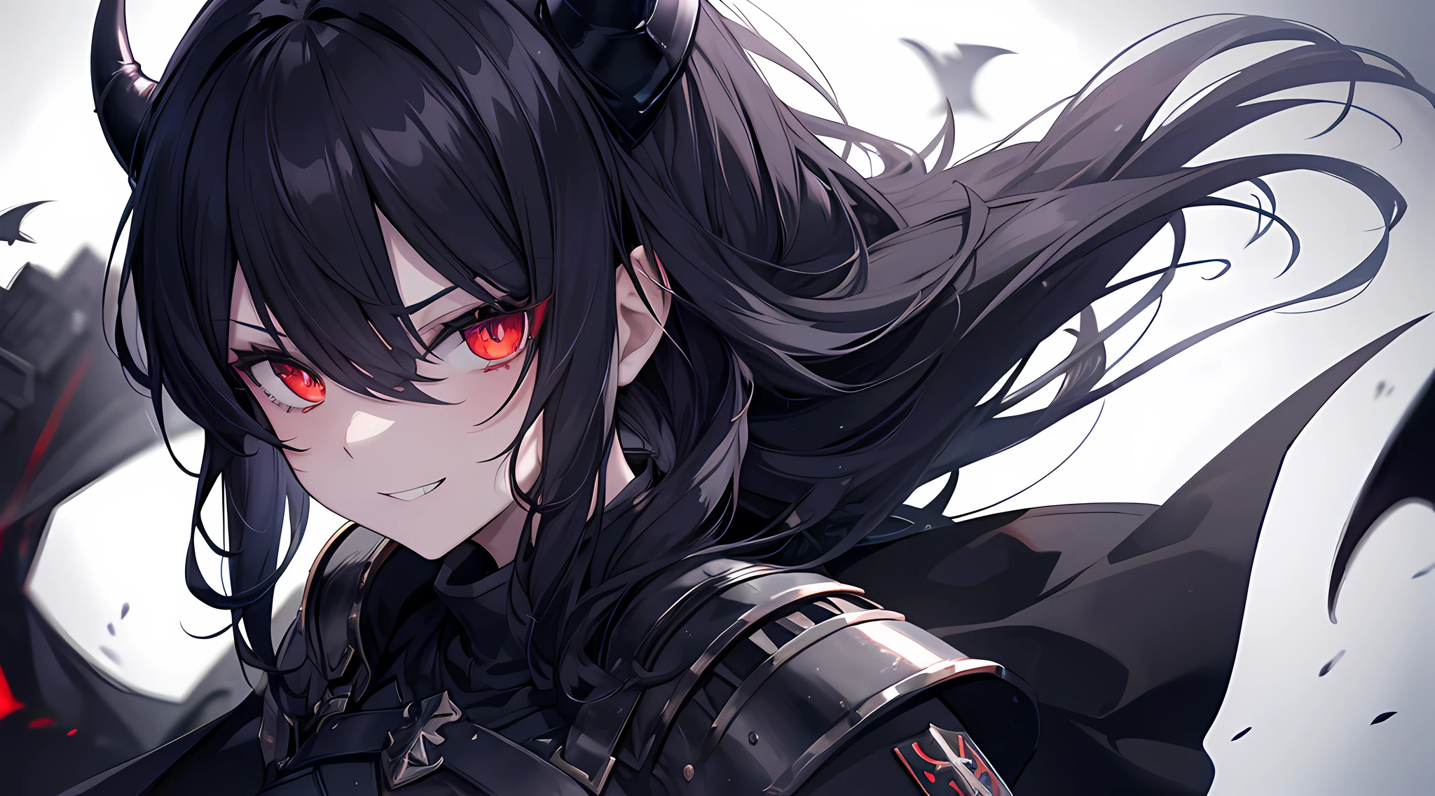 (1 demon girl), front lighting, demon horns, armored knight uniform, bring sword on her back, detailed face, walking in the middle of the world war II, black hair, glare, hair over one eyes, toothy smile, front lighting, 8k, masterpiece, ultra HD,
