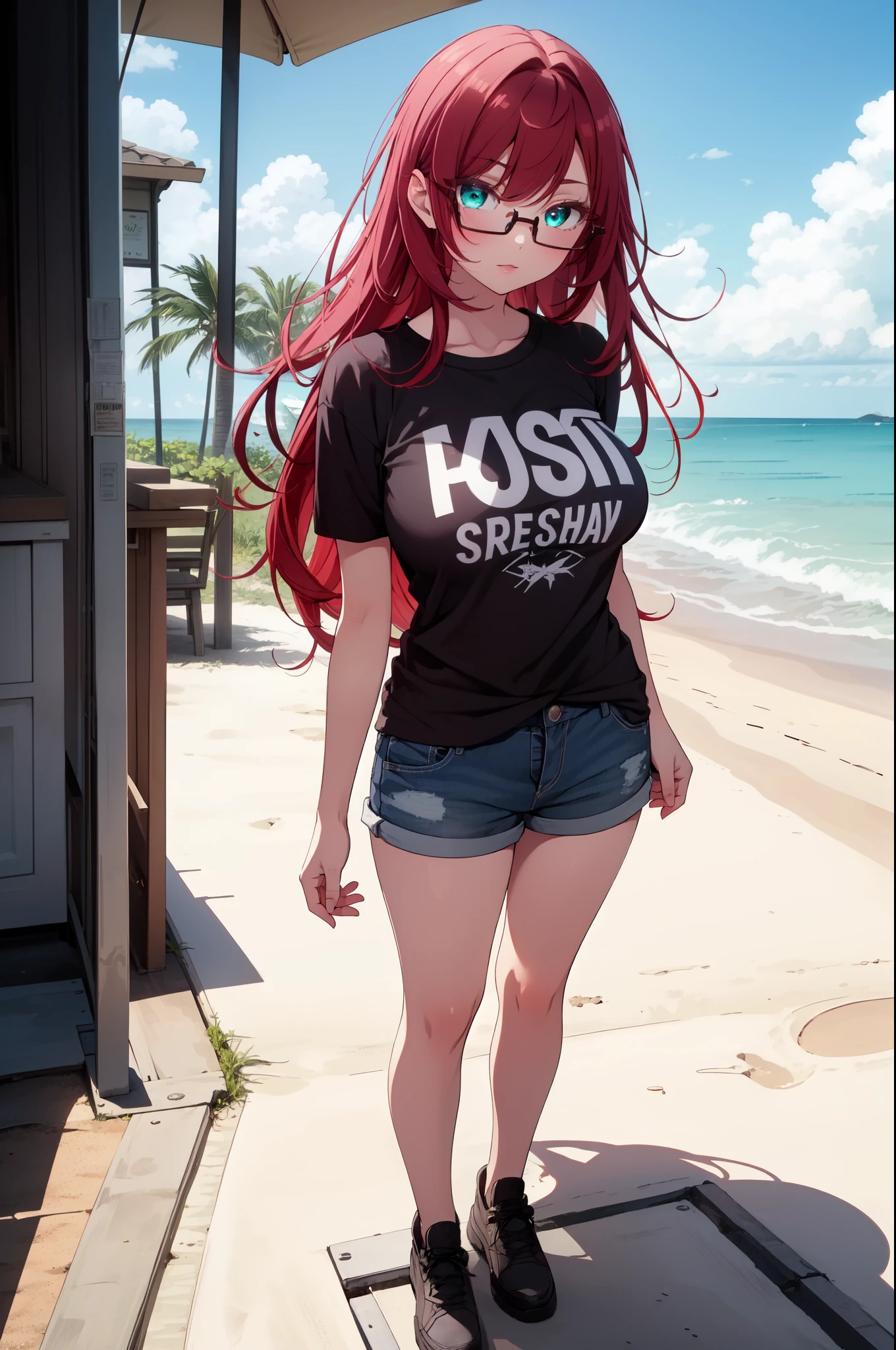 masterpiece, best quality, highres, 1girl, solo, kusuribb, large breasts, red hair, turquoise eyes, long hair, t-shirt, shorts, beach, eyewears, glasses, full body, standing, arms behind back