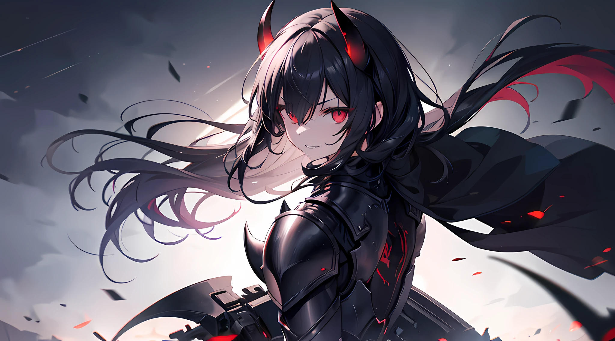 (1 demon girl), front lighting, demon horns, armored knight uniform, bring sword on her back, detailed face, walking in the middle of the world war II, black hair, glare, hair over one eyes, toothy smile, front lighting, 8k, masterpiece, ultra HD,
