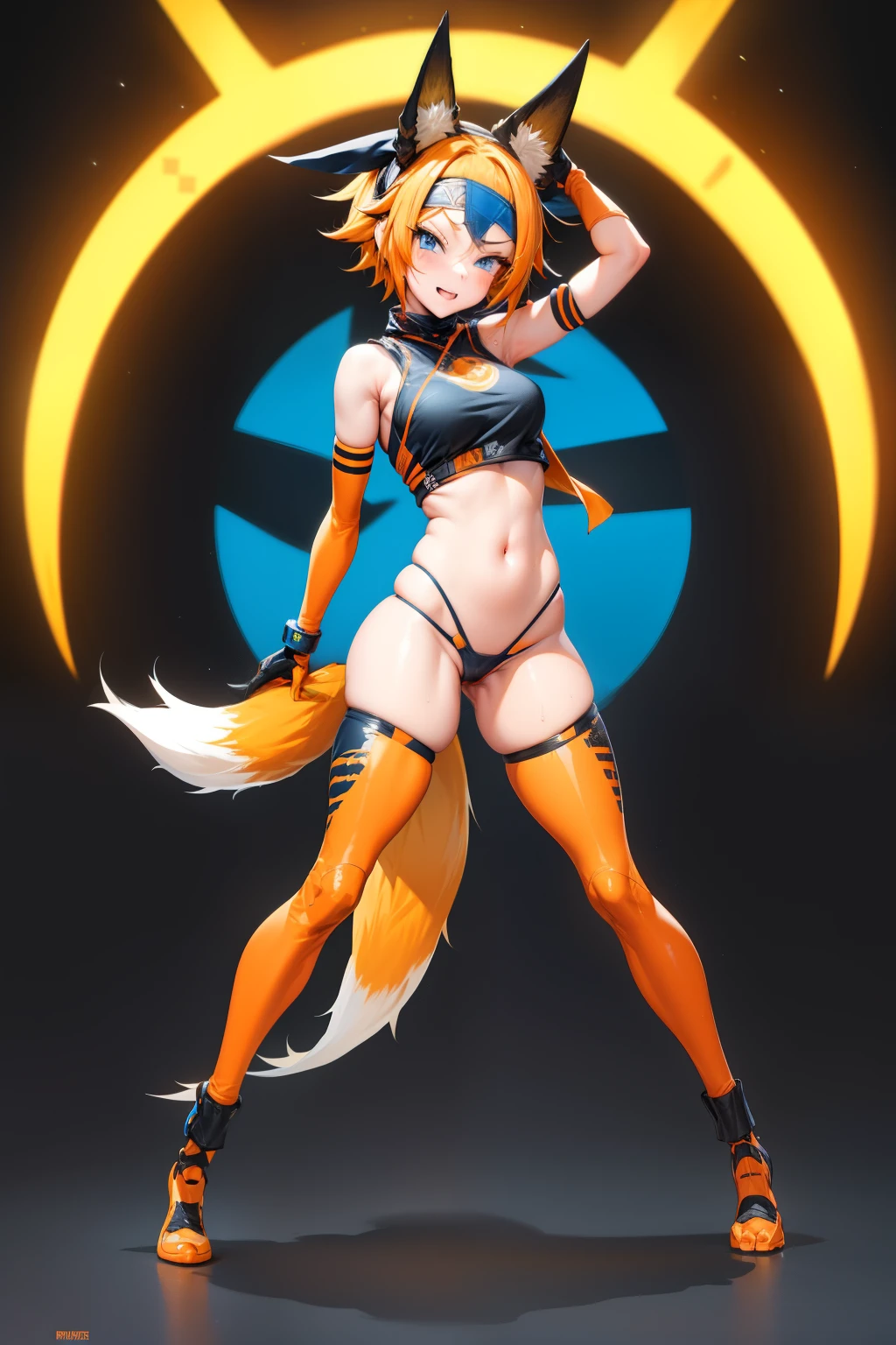 Cute girl, short yellow hair, headband, blue eyes, orange clothes,Ramen, fox, ninja, adult girl, full body, Black and orange clothes, a black bandana covering her forehead, sexy body, sexy, sex, porn