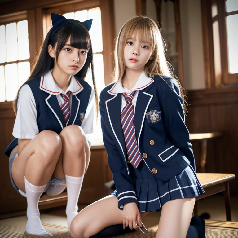 Dark blue high socks majicMIX Real、(Raw photography:1.2)、(Photorealsitic:1.4)、The beauty of beautiful details and delicate facial expressions、a blond、((Panties are visible))(Squatting panty shots)piercings Lashes beatiful detailed eyes、huge filesize、ultra-detailliert、hight resolution、Transcendent beauty top-quality、masterpiece、、(Japanese girls' high school uniform))、Very detailed expression Magnificent、finely detail、Highly detailed face movie lighting、A 23-year-old girl、front facing、((dynamicposes)))、(Sitting on legs with bent knees))、pleatedskirt、blazers、Sexy upper eyes
