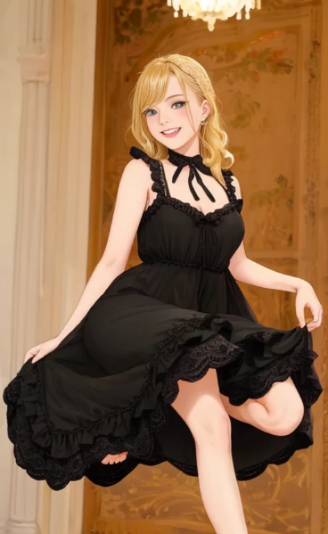 A beautiful happy blonde barefoot woman wearing a black lace dress with frills.
