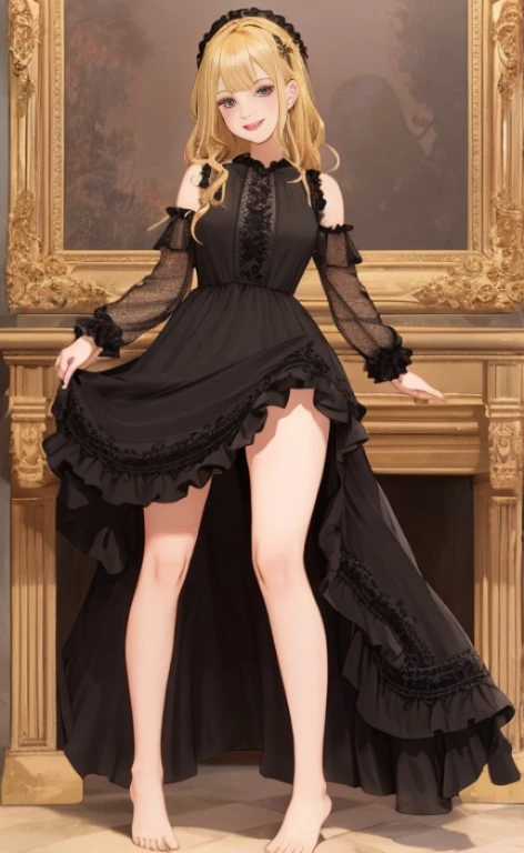 A beautiful happy blonde barefoot woman wearing a black lace dress with frills.