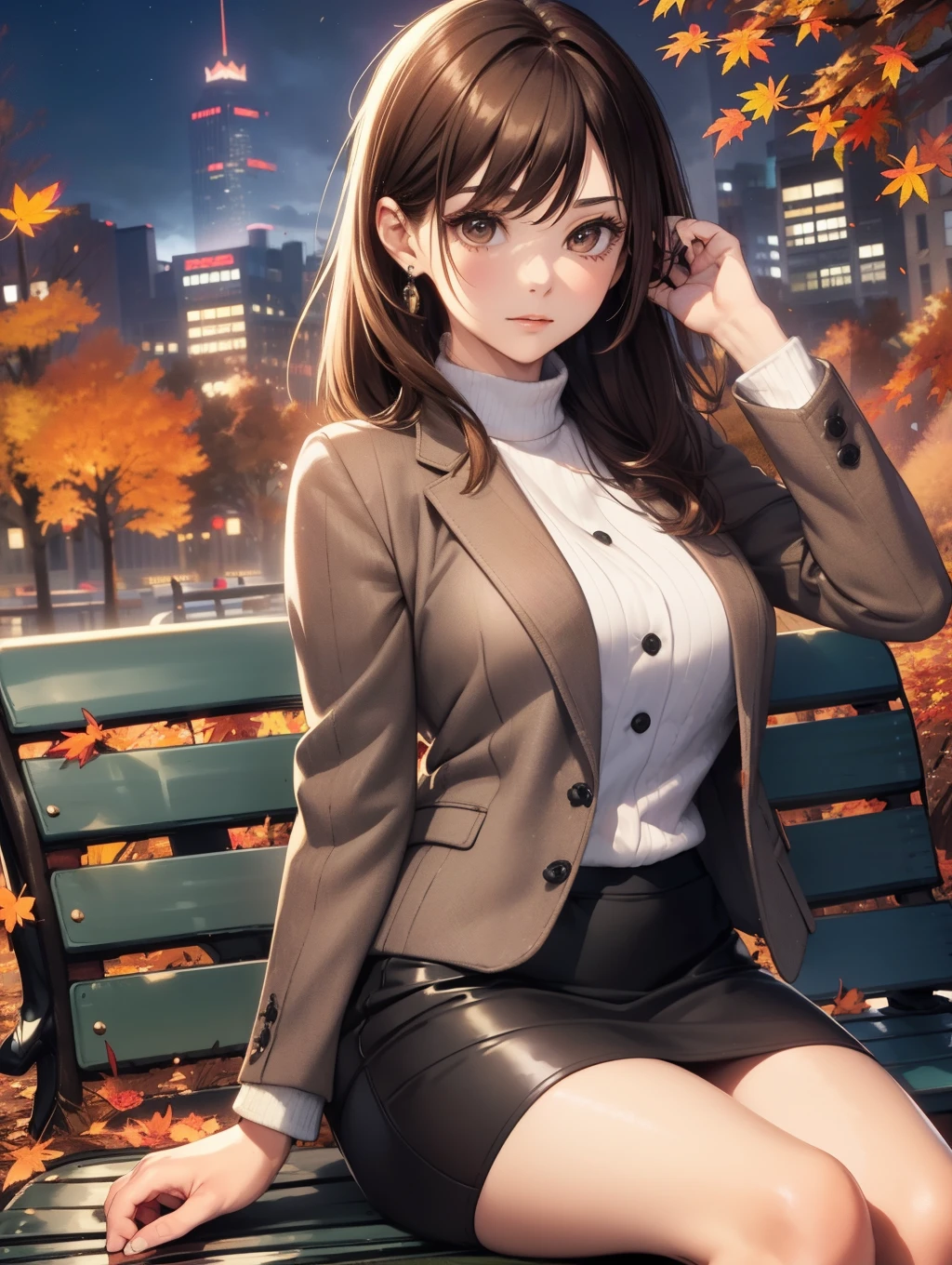 Best Quality, masutepiece, beautiful mature women、Beautiful face、Strong-minded woman、Officelady、(white crop tweed jacket、Black boots、Autumn outfit:1.5)、(brown haired、Bangs are asymmetrical)、((Brown-eyed))、Longhaire、Undersized eyes、(((sit on a bench:1.5)))、(night city landscape)、BREAK(poseing)